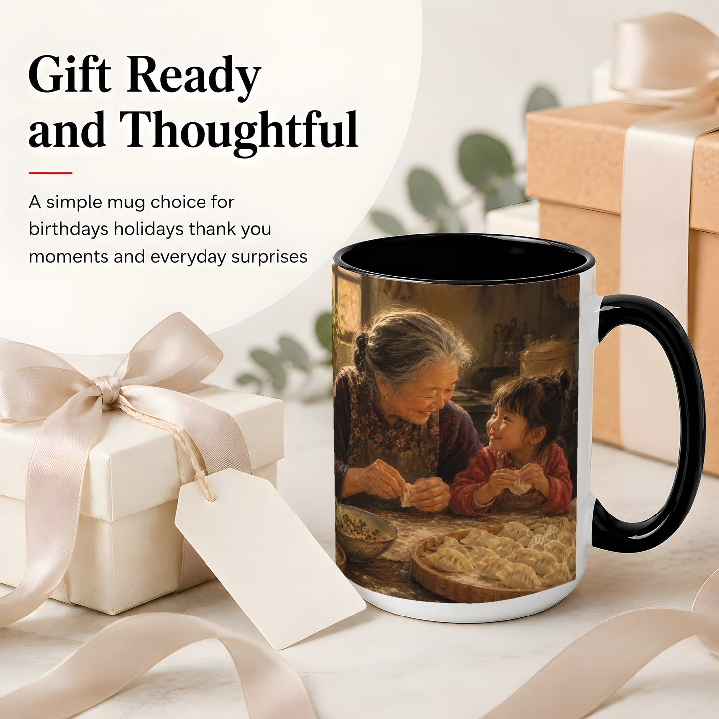 #pl[15oz|Black] Family Dumpling Making Ceramic Mug, Grandma and Child Art