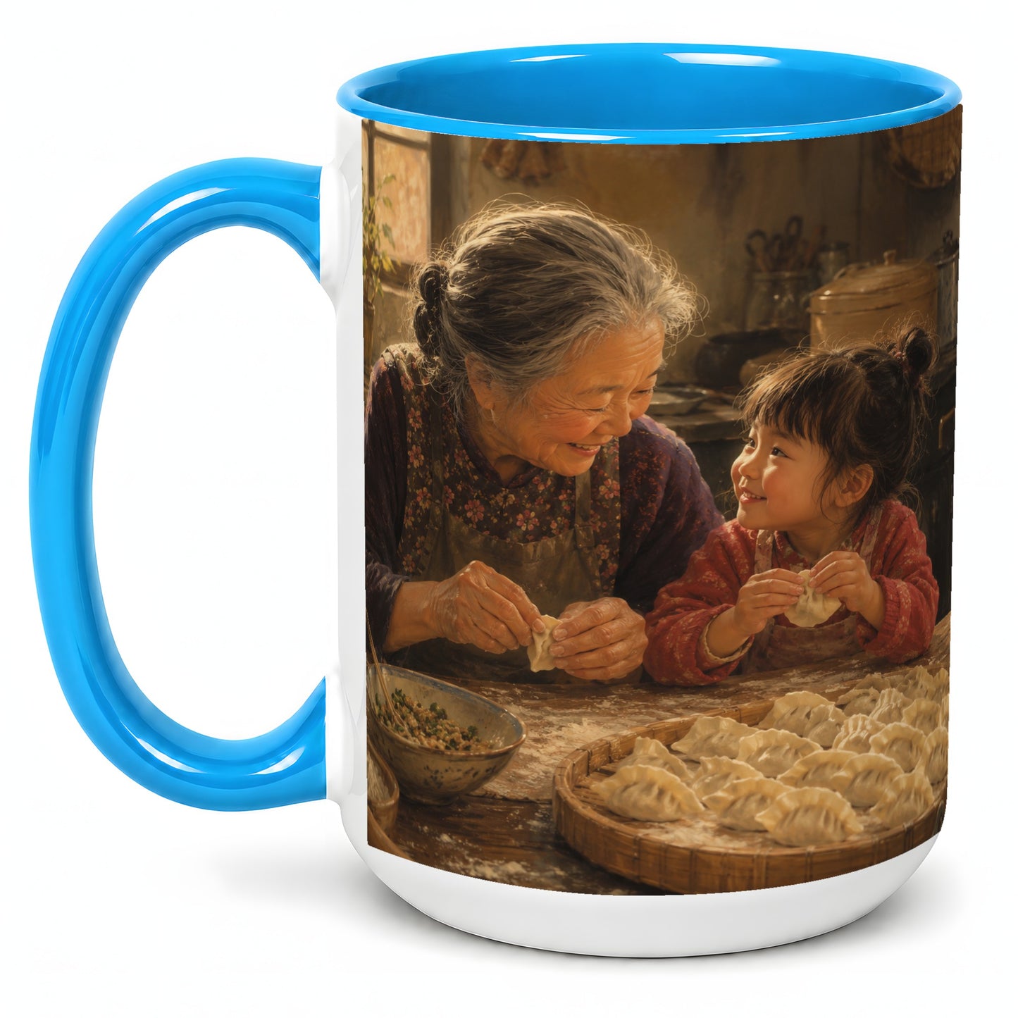 #pl[15oz|Blue] Family Dumpling Making Ceramic Mug, Grandma and Child Art