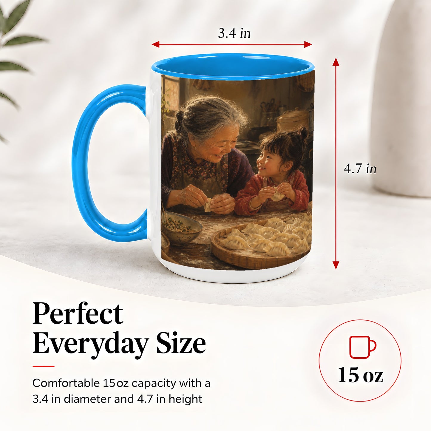 #pl[15oz|Blue] Family Dumpling Making Ceramic Mug, Grandma and Child Art