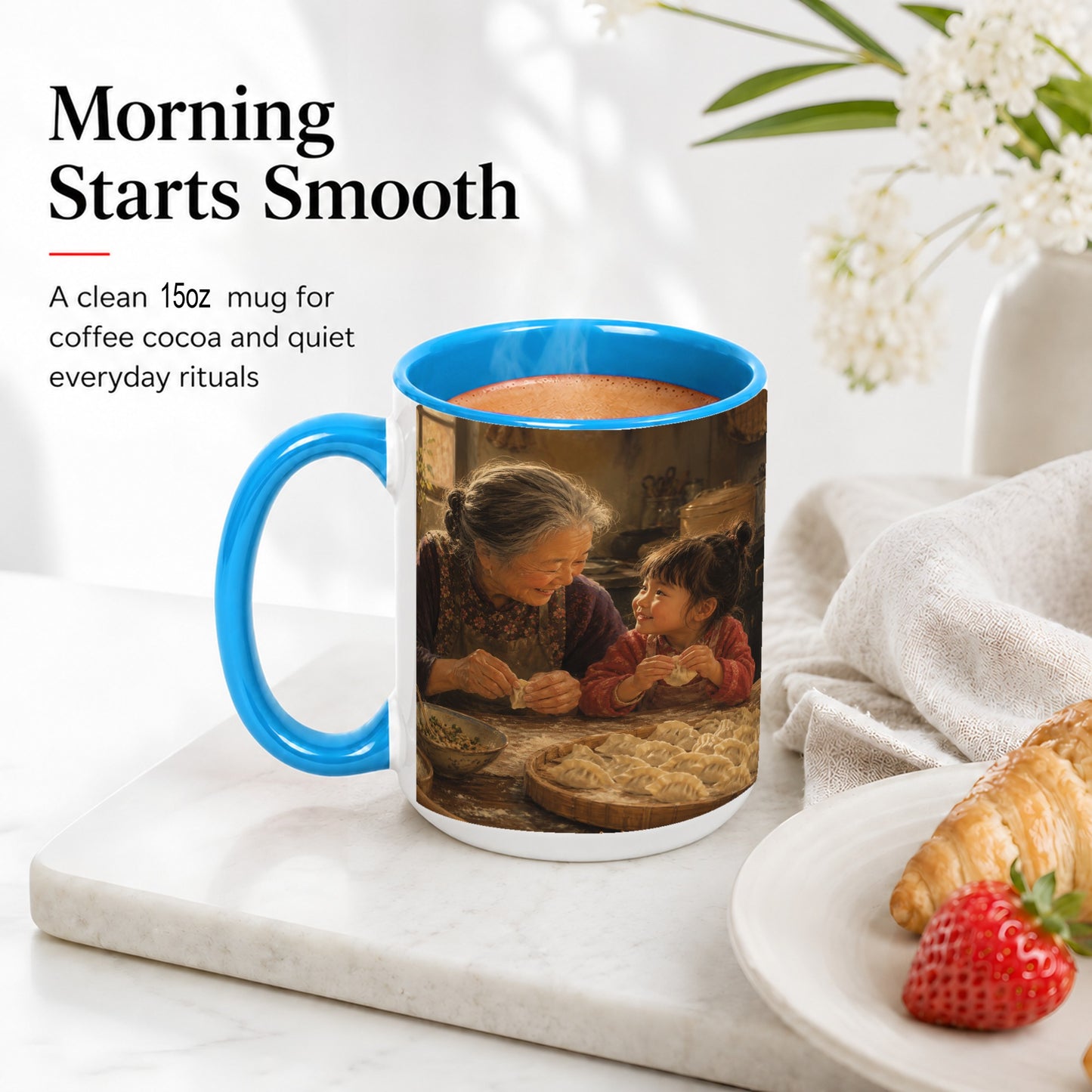 #pl[15oz|Blue] Family Dumpling Making Ceramic Mug, Grandma and Child Art