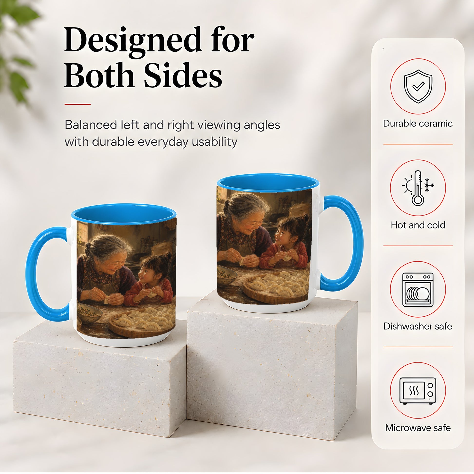 #pl[15oz|Blue] Family Dumpling Making Ceramic Mug, Grandma and Child Art