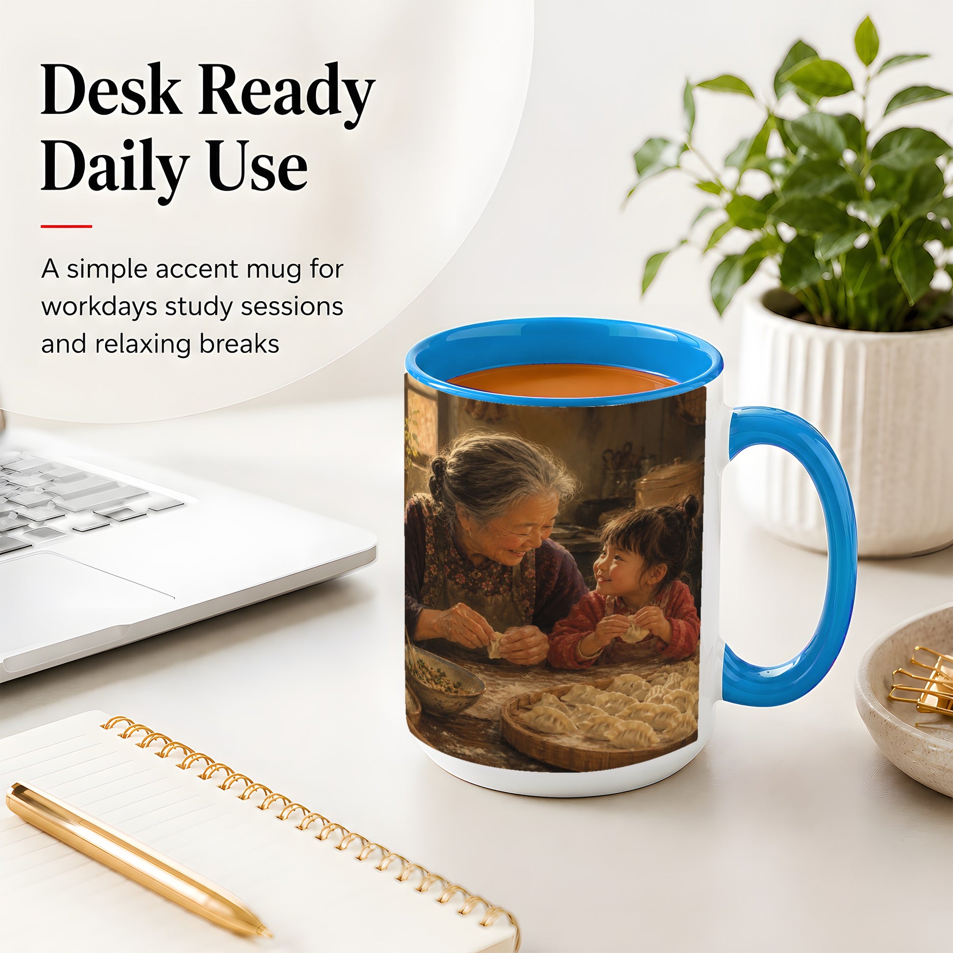 #pl[15oz|Blue] Family Dumpling Making Ceramic Mug, Grandma and Child Art