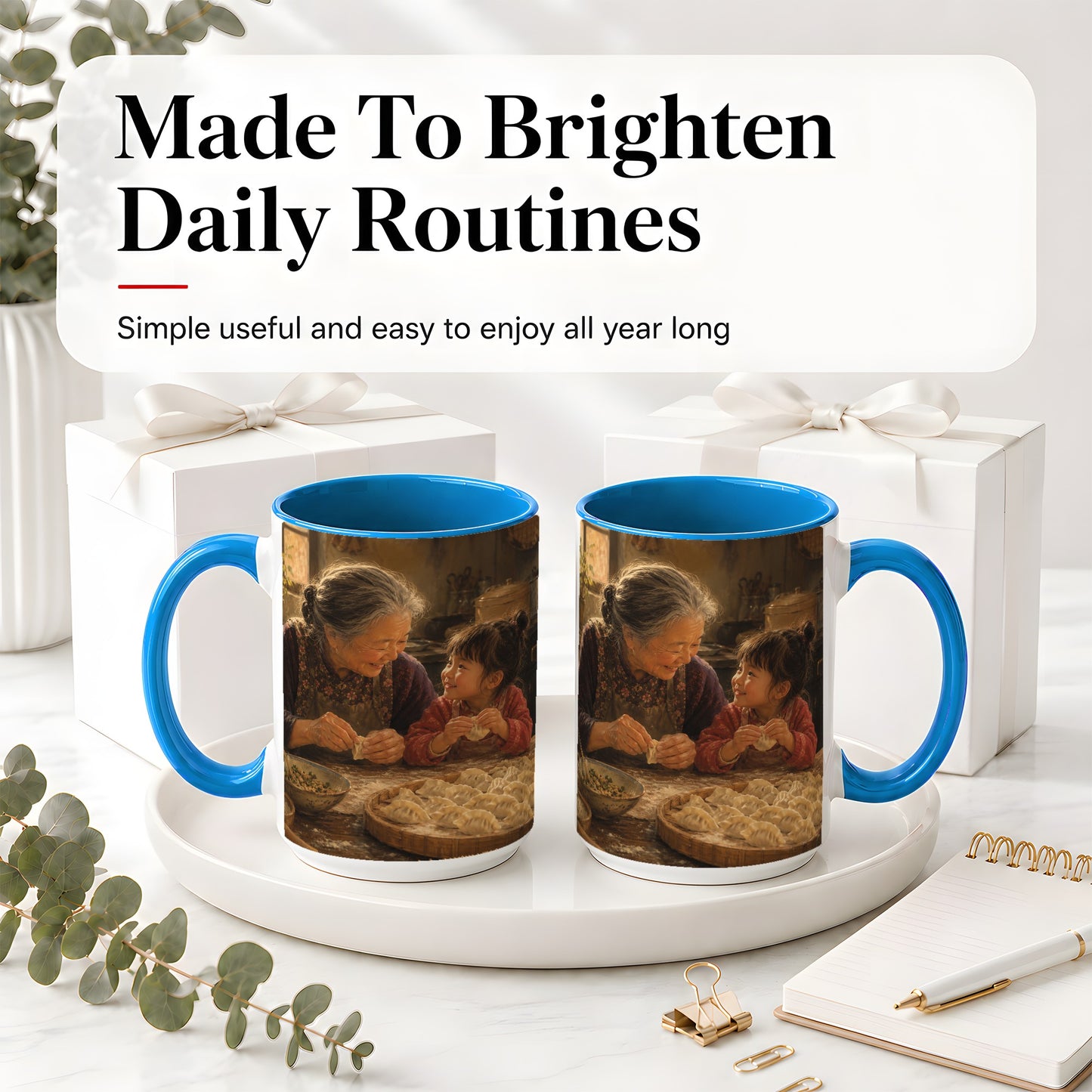 #pl[15oz|Blue] Family Dumpling Making Ceramic Mug, Grandma and Child Art