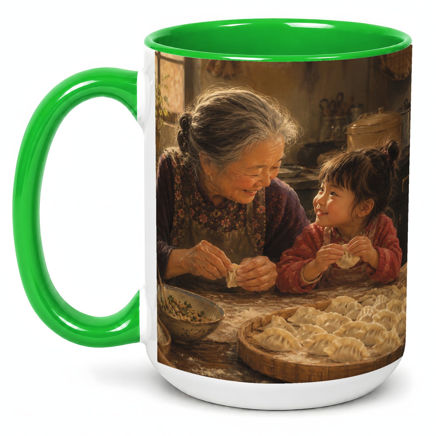 #pl[15oz|Green] Family Dumpling Making Ceramic Mug, Grandma and Child Art