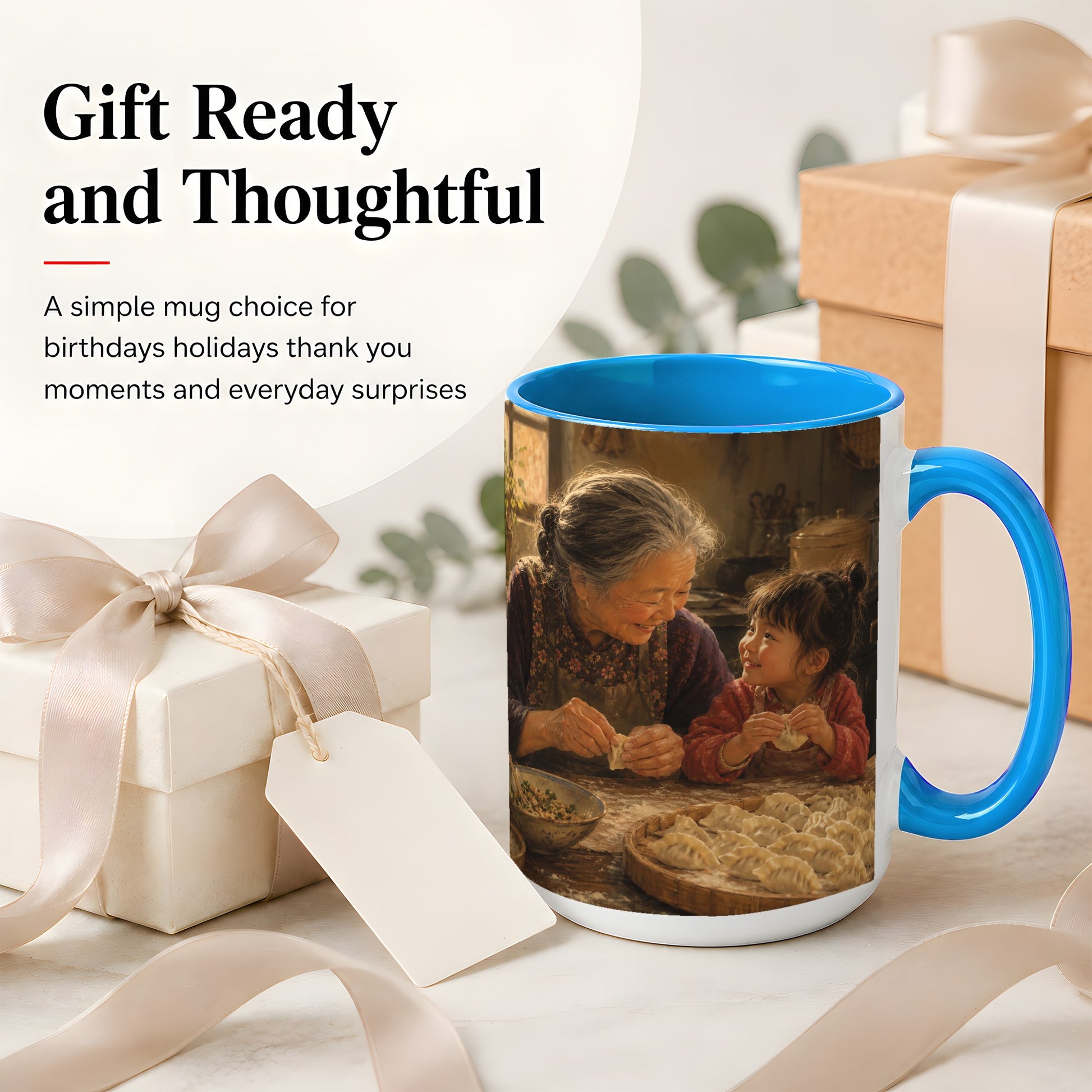 #pl[15oz|Blue] Family Dumpling Making Ceramic Mug, Grandma and Child Art