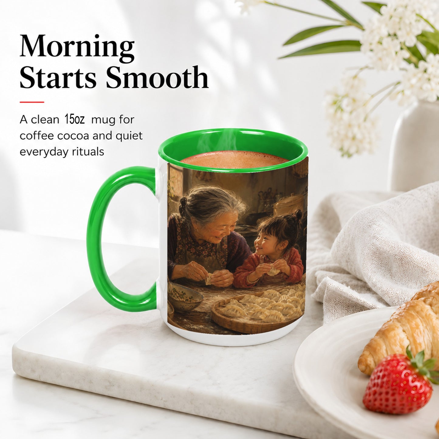 #pl[15oz|Green] Family Dumpling Making Ceramic Mug, Grandma and Child Art
