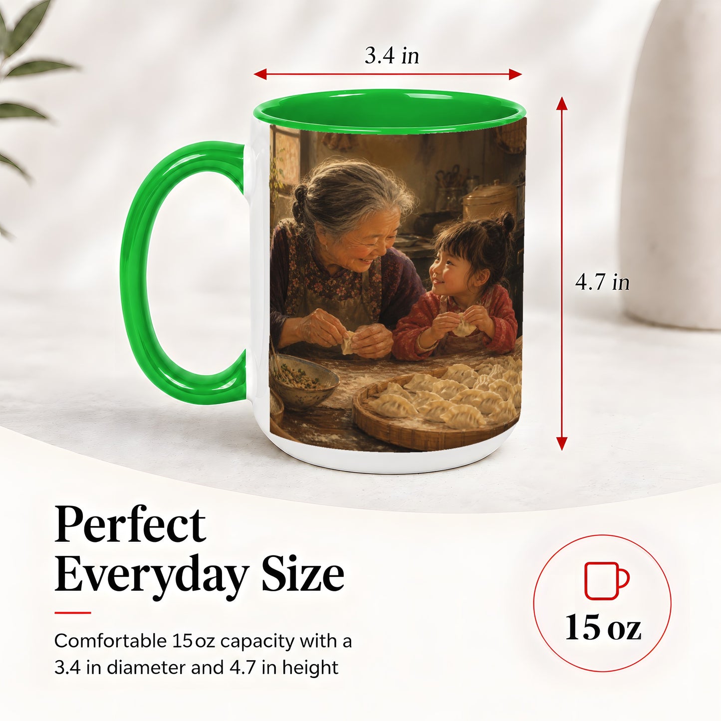 #pl[15oz|Green] Family Dumpling Making Ceramic Mug, Grandma and Child Art