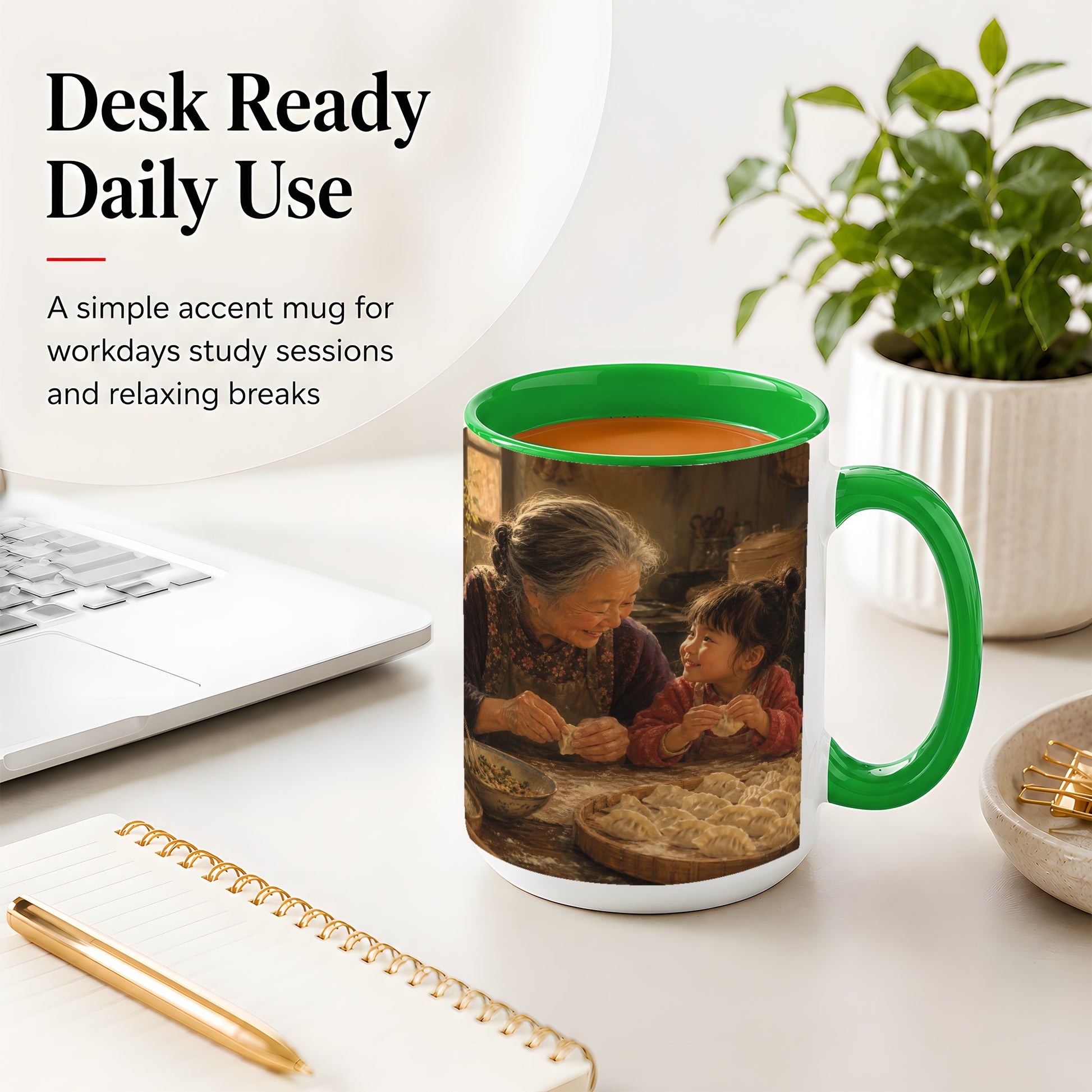 #pl[15oz|Green] Family Dumpling Making Ceramic Mug, Grandma and Child Art