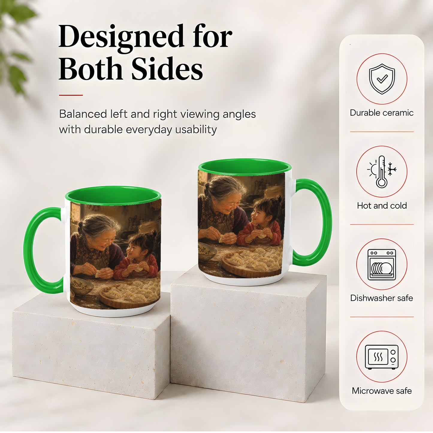 #pl[15oz|Green] Family Dumpling Making Ceramic Mug, Grandma and Child Art