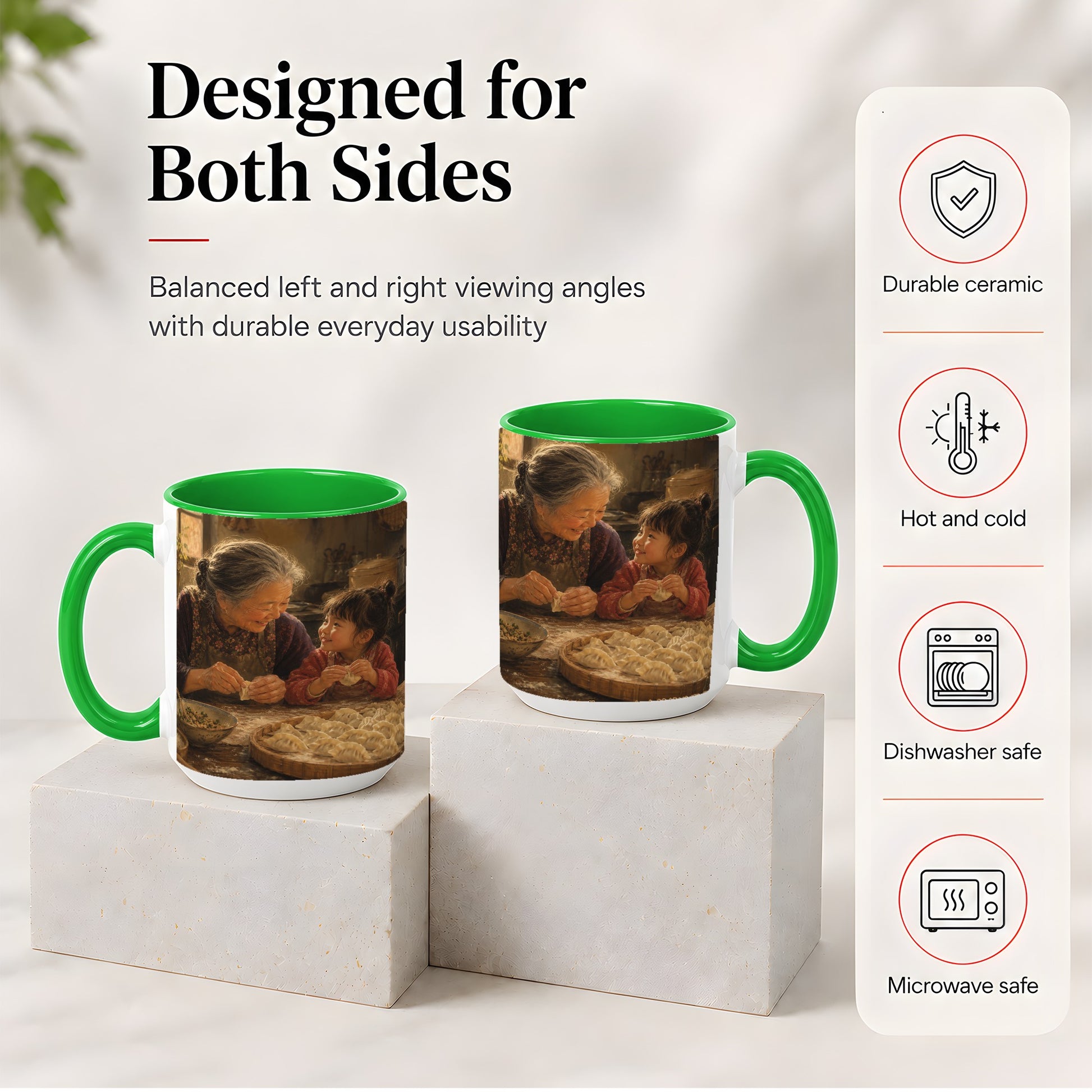 #pl[15oz|Green] Family Dumpling Making Ceramic Mug, Grandma and Child Art