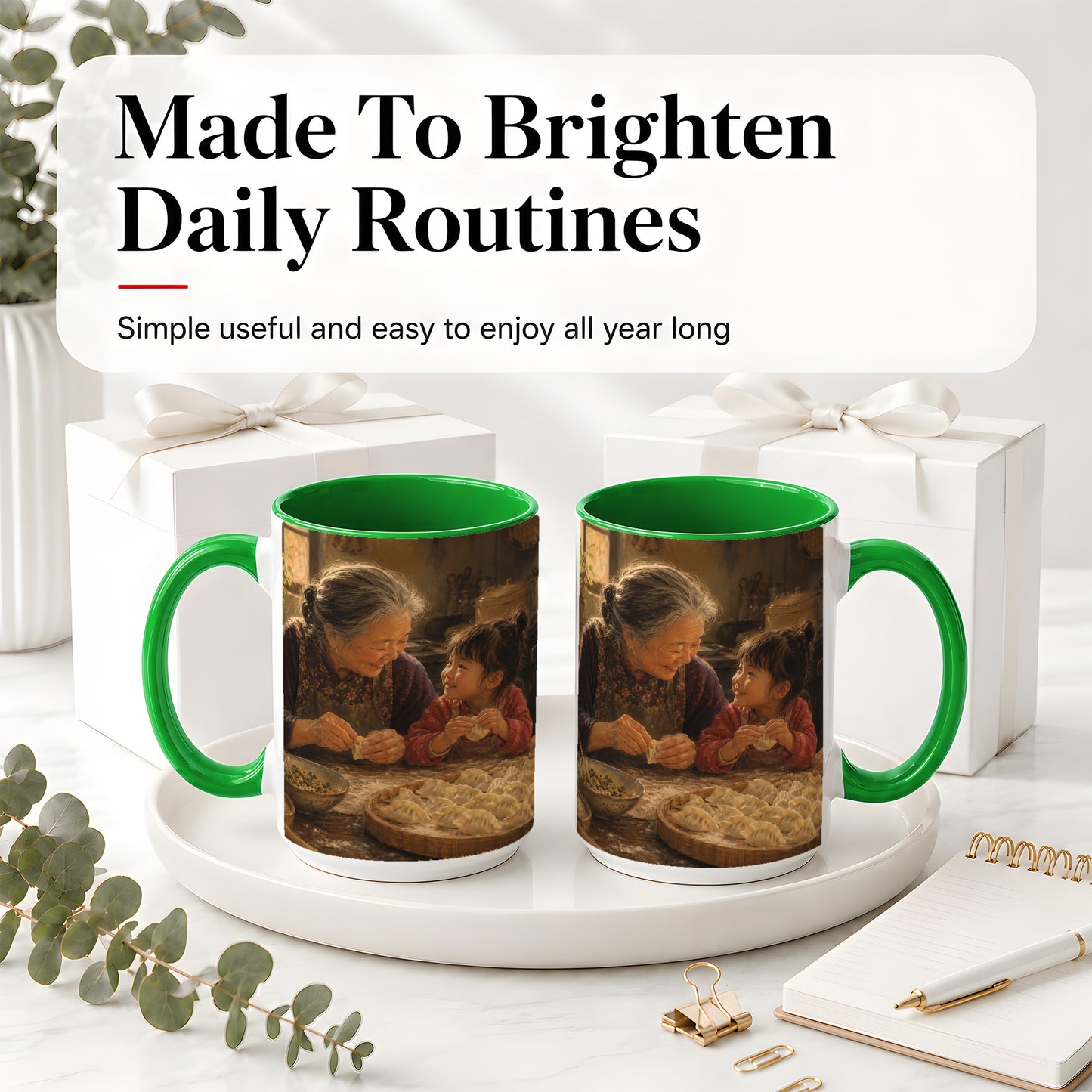 #pl[15oz|Green] Family Dumpling Making Ceramic Mug, Grandma and Child Art