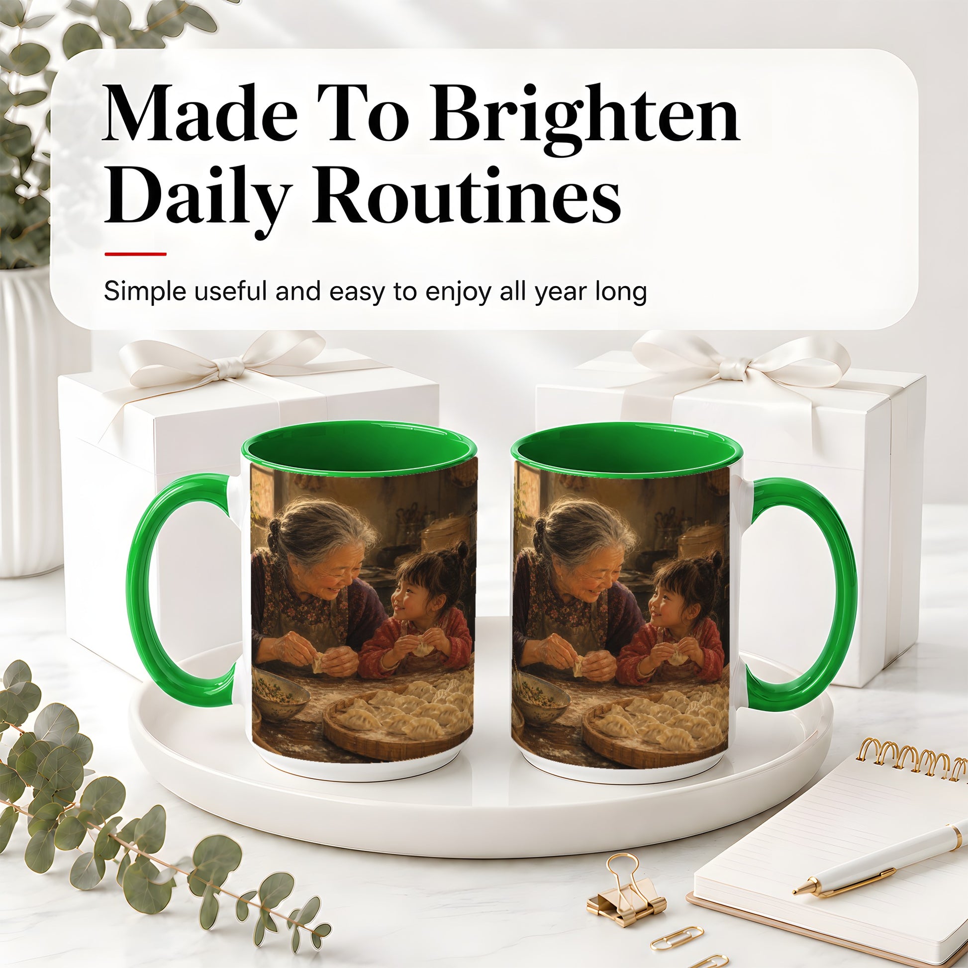 #pl[15oz|Green] Family Dumpling Making Ceramic Mug, Grandma and Child Art