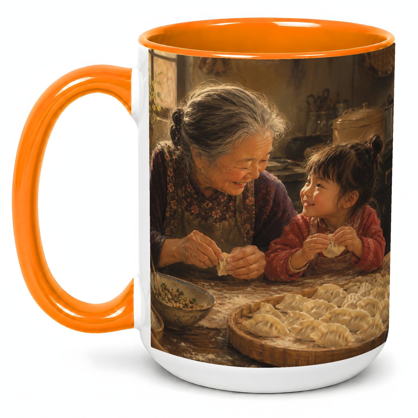 #pl[15oz|Orange] Family Dumpling Making Ceramic Mug, Grandma and Child Art
