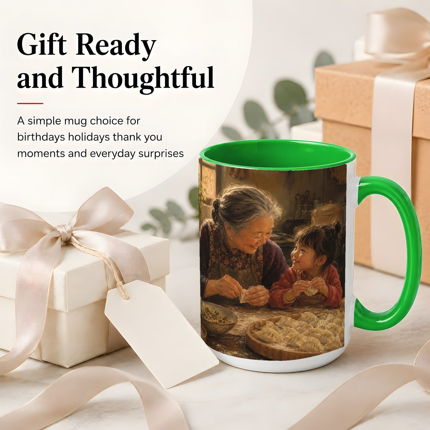 #pl[15oz|Green] Family Dumpling Making Ceramic Mug, Grandma and Child Art