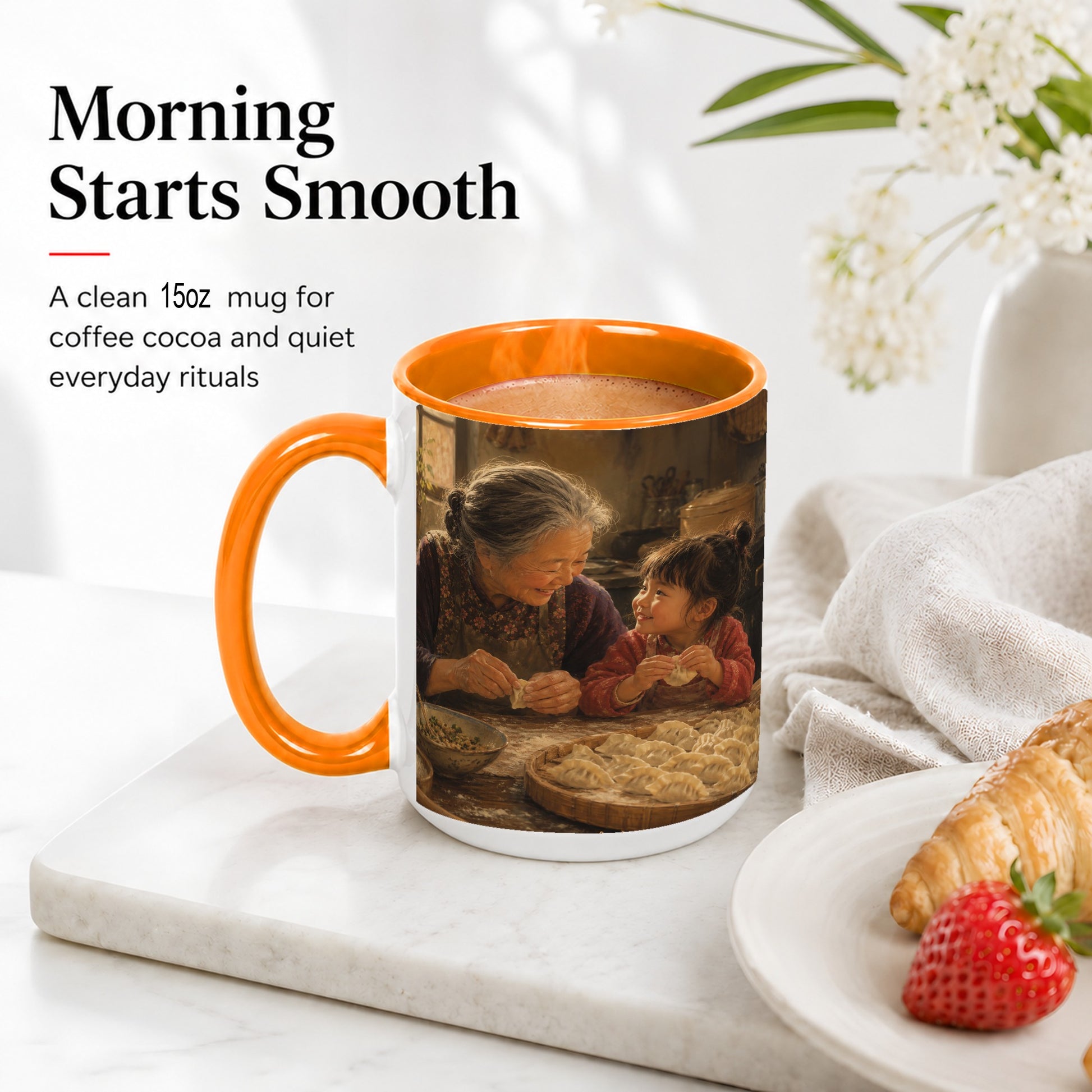 #pl[15oz|Orange] Family Dumpling Making Ceramic Mug, Grandma and Child Art