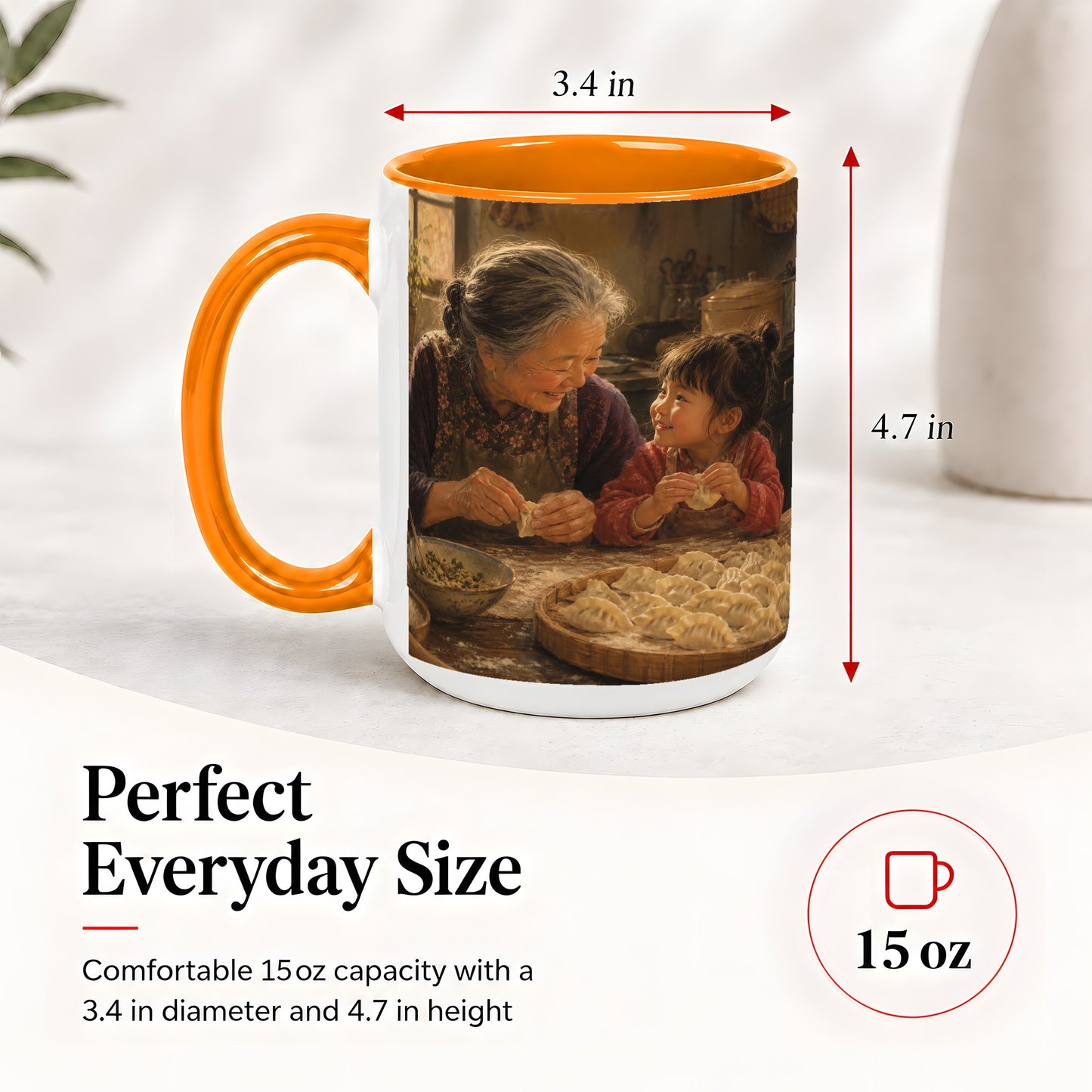 #pl[15oz|Orange] Family Dumpling Making Ceramic Mug, Grandma and Child Art