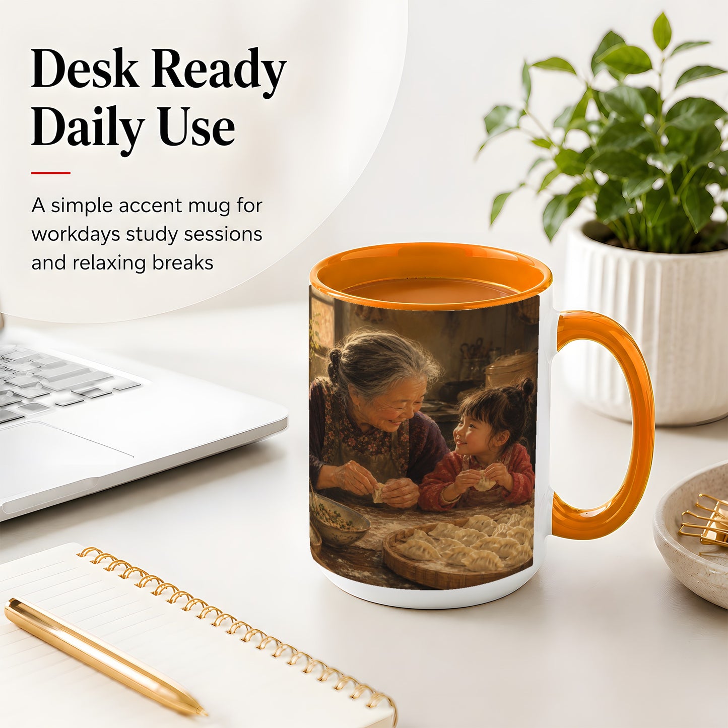 #pl[15oz|Orange] Family Dumpling Making Ceramic Mug, Grandma and Child Art