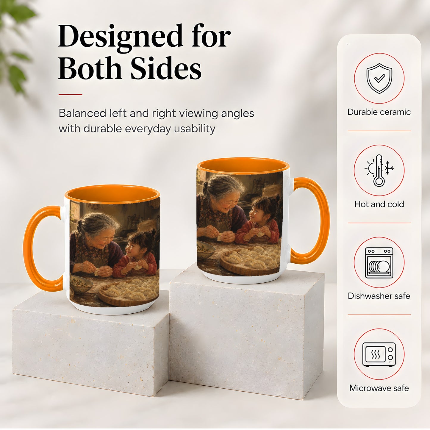 #pl[15oz|Orange] Family Dumpling Making Ceramic Mug, Grandma and Child Art