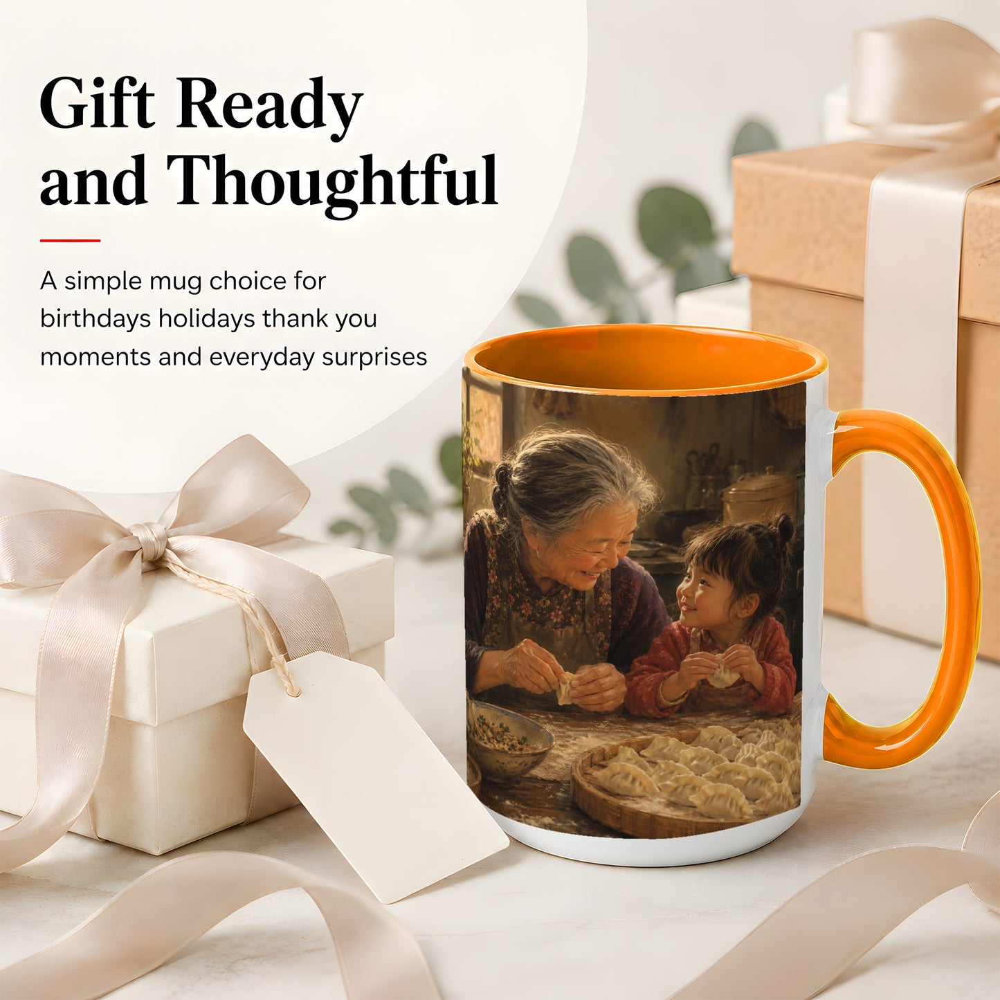 #pl[15oz|Orange] Family Dumpling Making Ceramic Mug, Grandma and Child Art