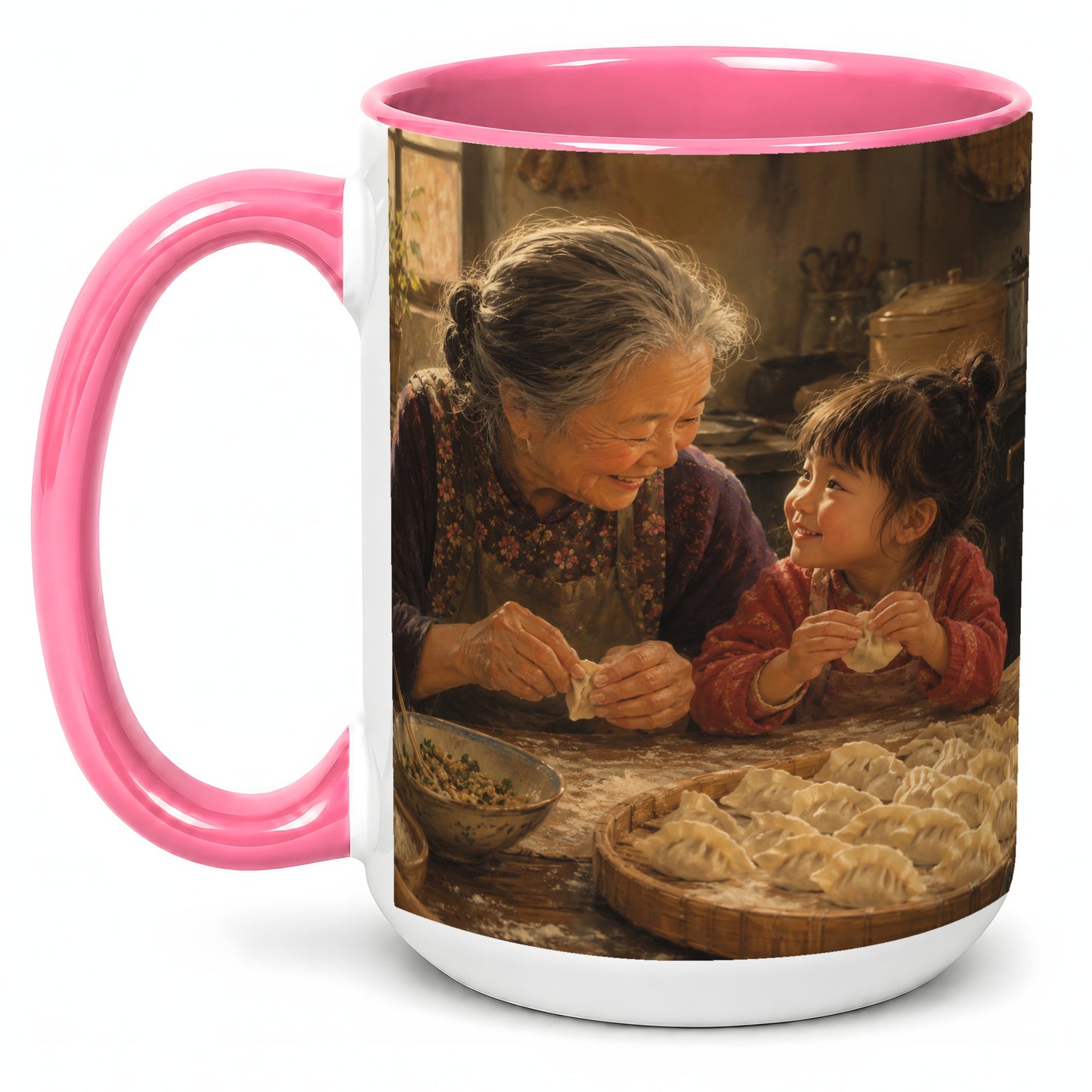 #pl[15oz|Pink] Family Dumpling Making Ceramic Mug, Grandma and Child Art