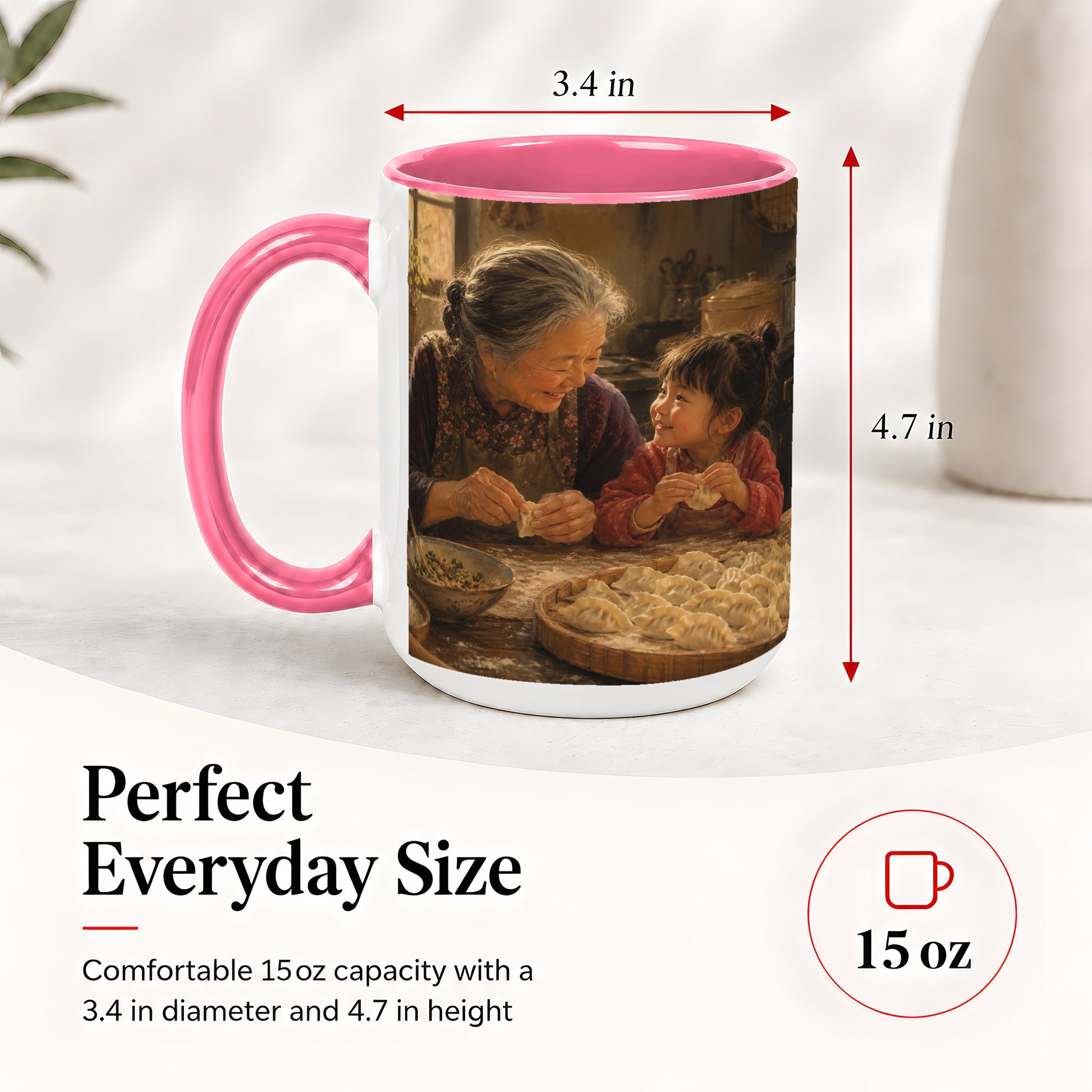 #pl[15oz|Pink] Family Dumpling Making Ceramic Mug, Grandma and Child Art