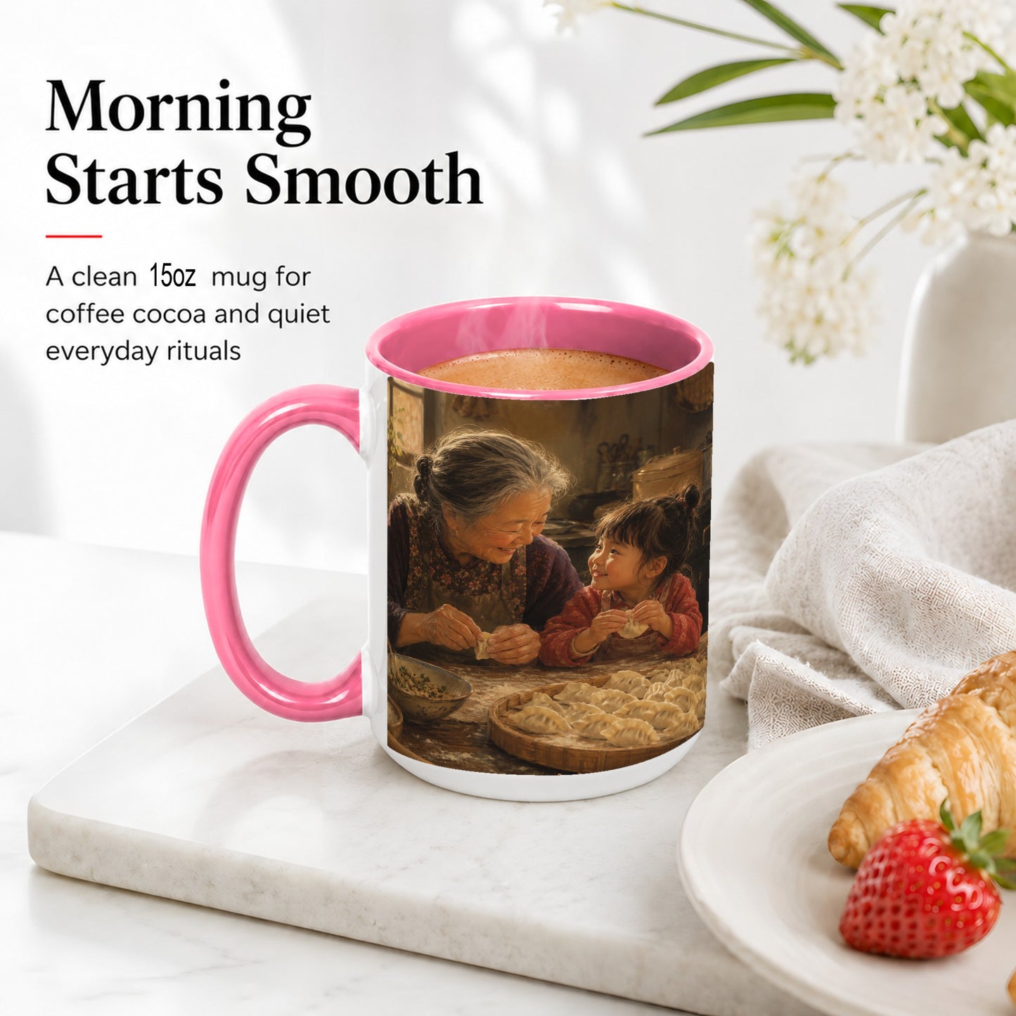 #pl[15oz|Pink] Family Dumpling Making Ceramic Mug, Grandma and Child Art