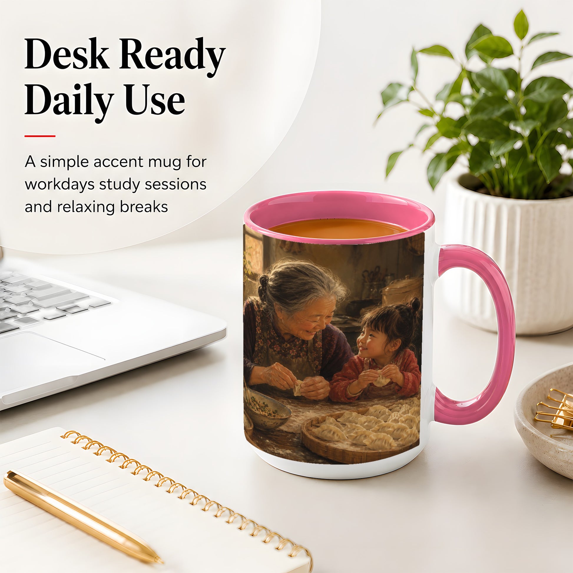 #pl[15oz|Pink] Family Dumpling Making Ceramic Mug, Grandma and Child Art