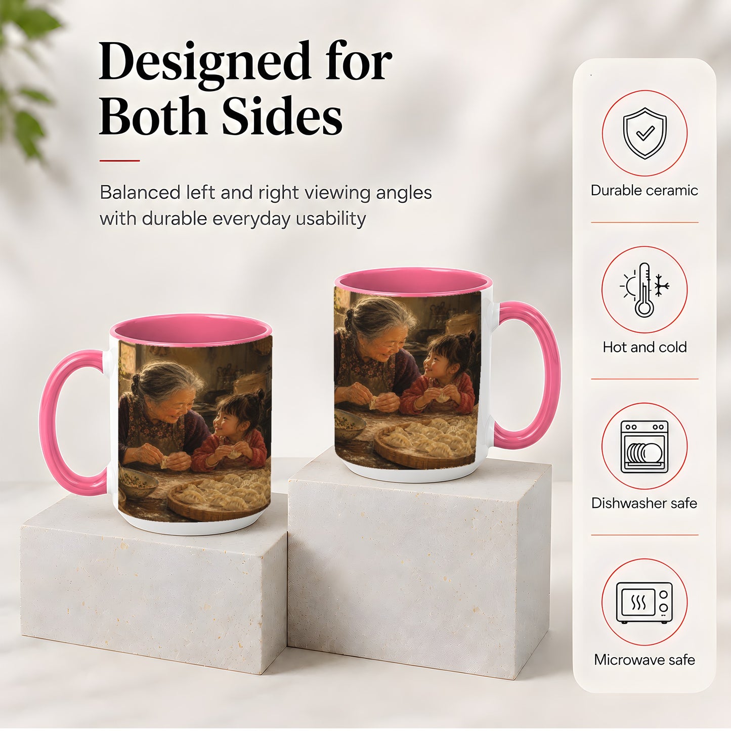 #pl[15oz|Pink] Family Dumpling Making Ceramic Mug, Grandma and Child Art