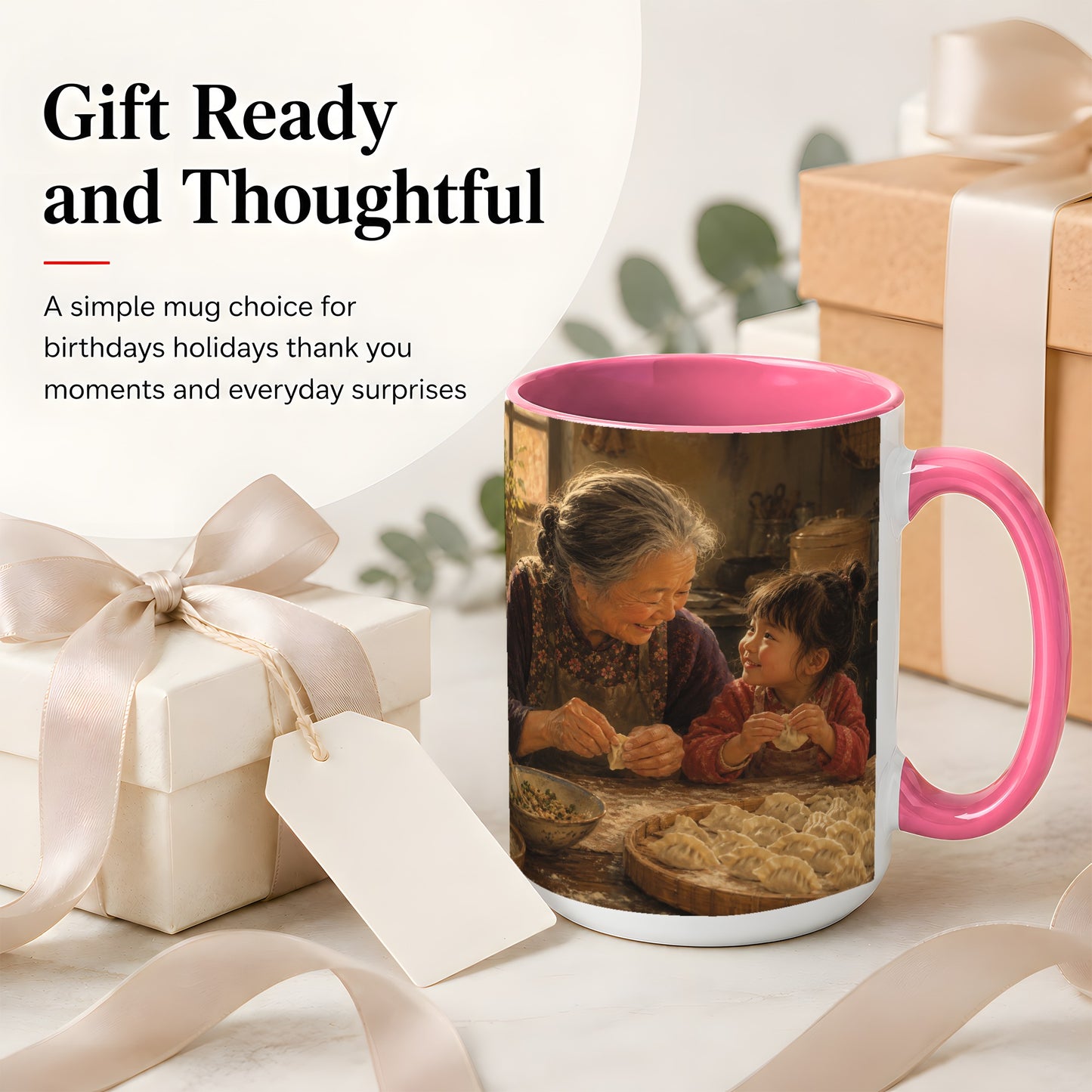 #pl[15oz|Pink] Family Dumpling Making Ceramic Mug, Grandma and Child Art