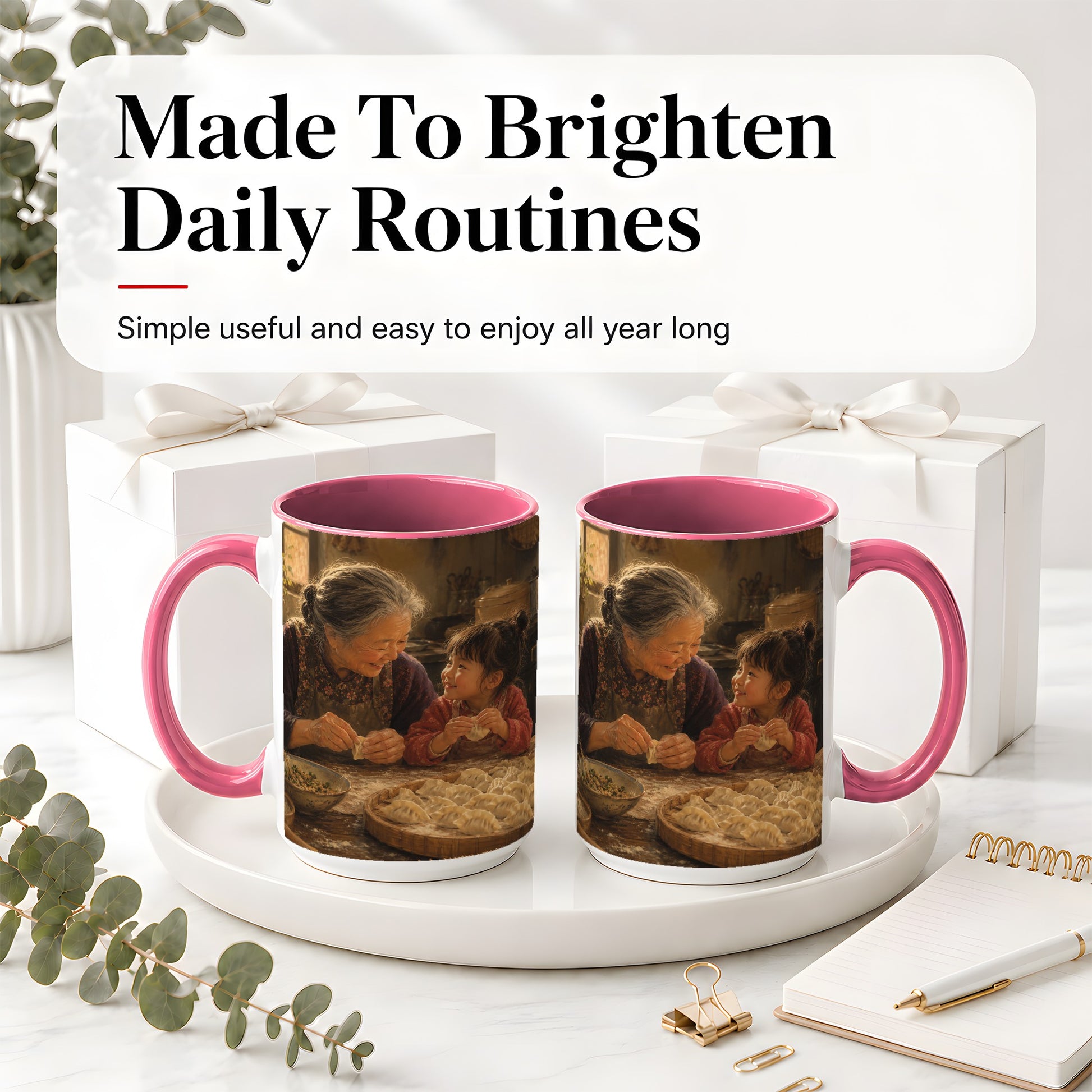 #pl[15oz|Pink] Family Dumpling Making Ceramic Mug, Grandma and Child Art