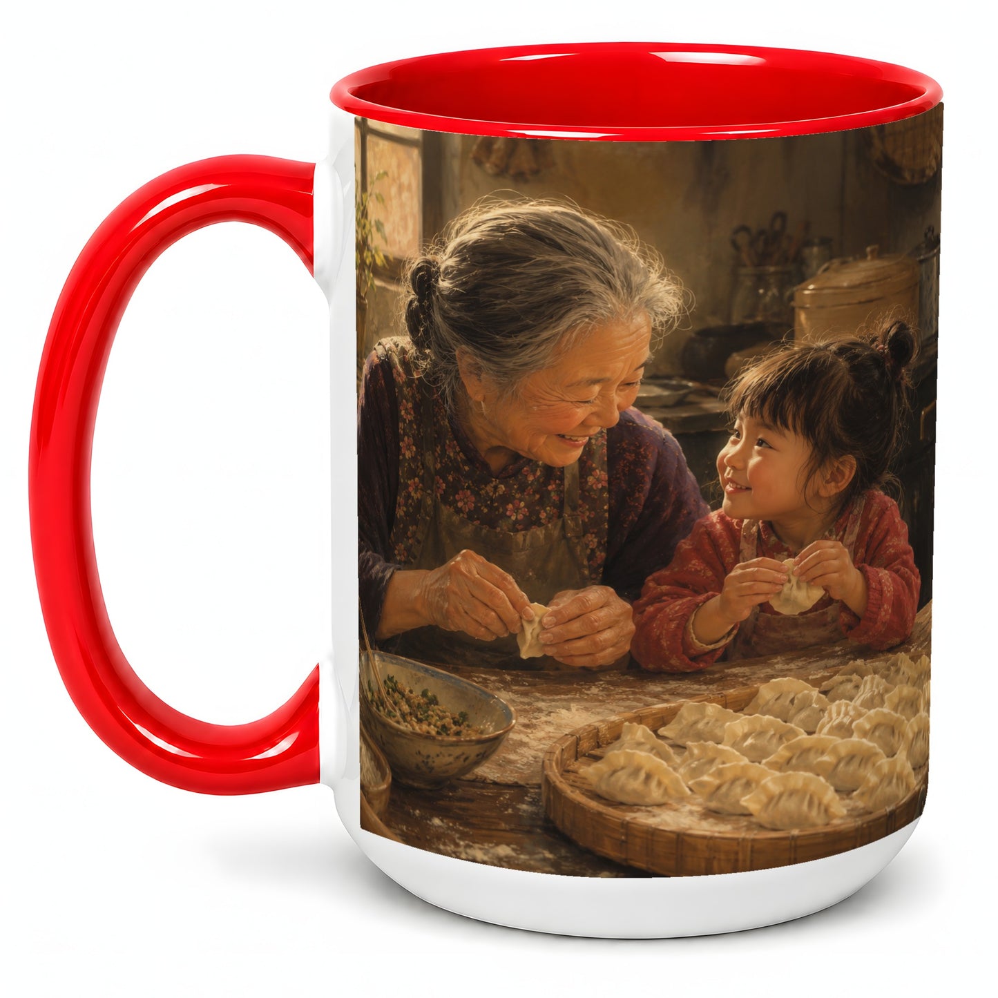#pl[15oz|Red] Family Dumpling Making Ceramic Mug, Grandma and Child Art