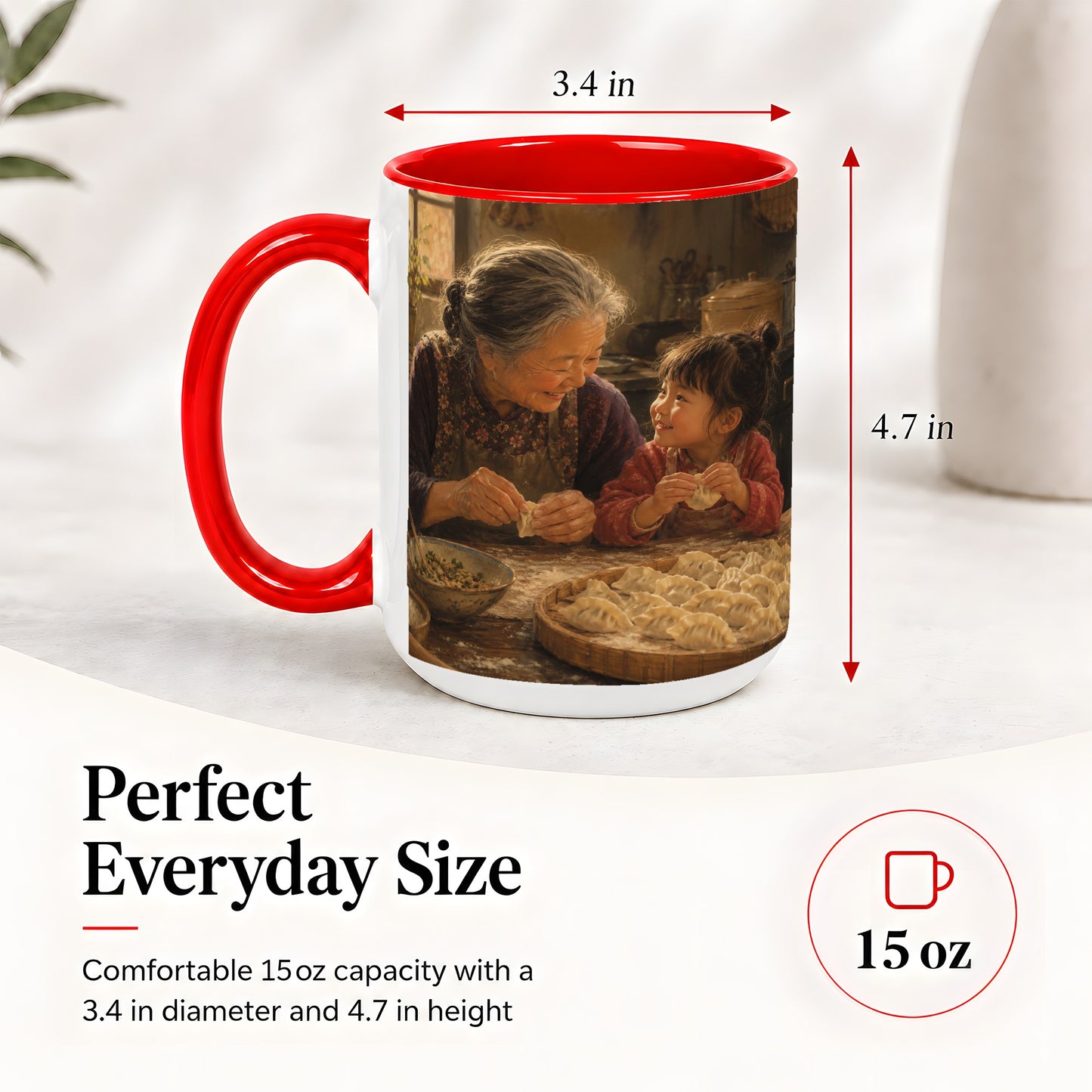 #pl[15oz|Red] Family Dumpling Making Ceramic Mug, Grandma and Child Art