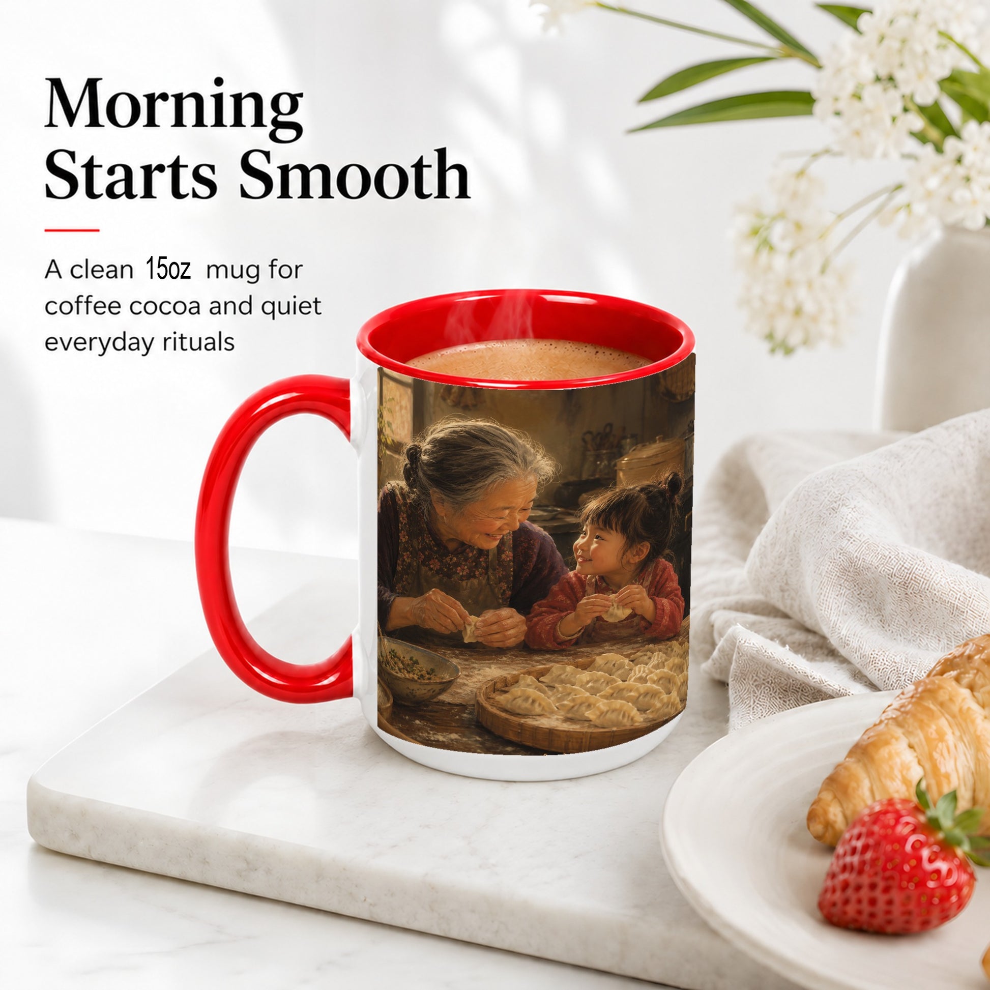 #pl[15oz|Red] Family Dumpling Making Ceramic Mug, Grandma and Child Art
