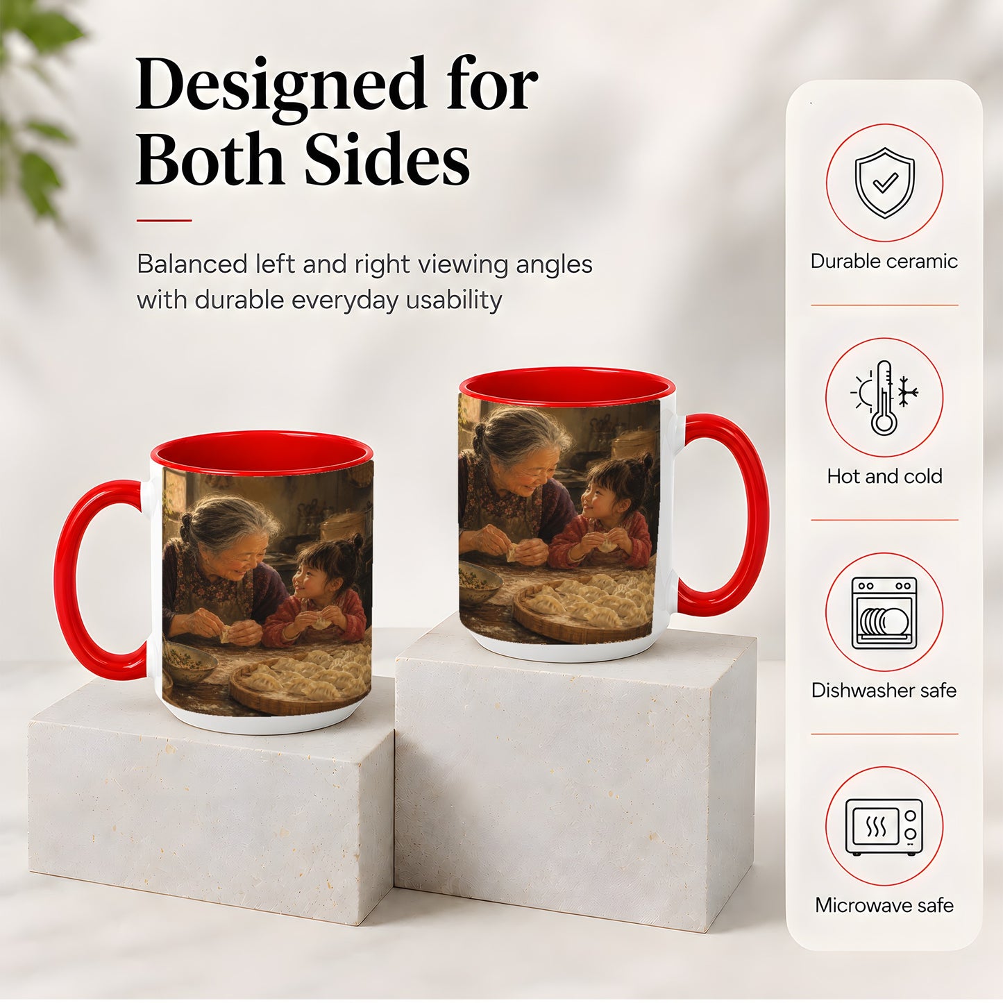 #pl[15oz|Red] Family Dumpling Making Ceramic Mug, Grandma and Child Art