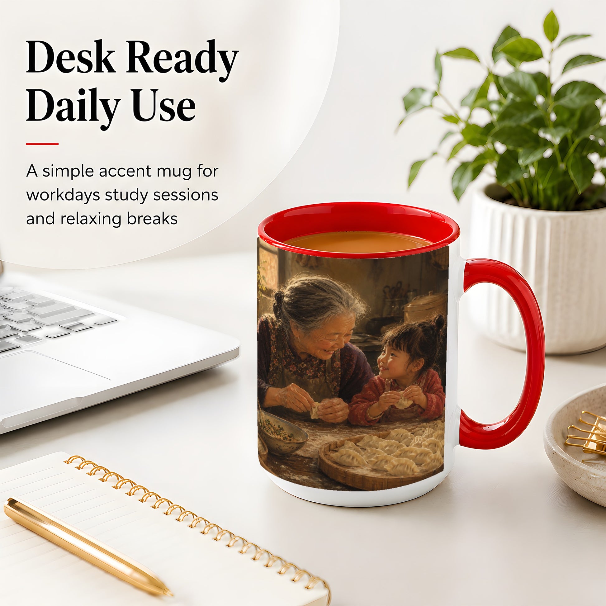 #pl[15oz|Red] Family Dumpling Making Ceramic Mug, Grandma and Child Art