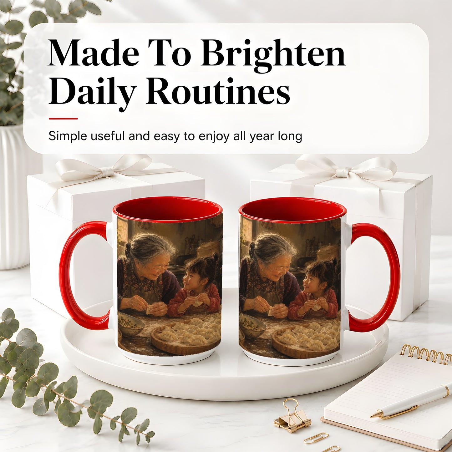 #pl[15oz|Red] Family Dumpling Making Ceramic Mug, Grandma and Child Art