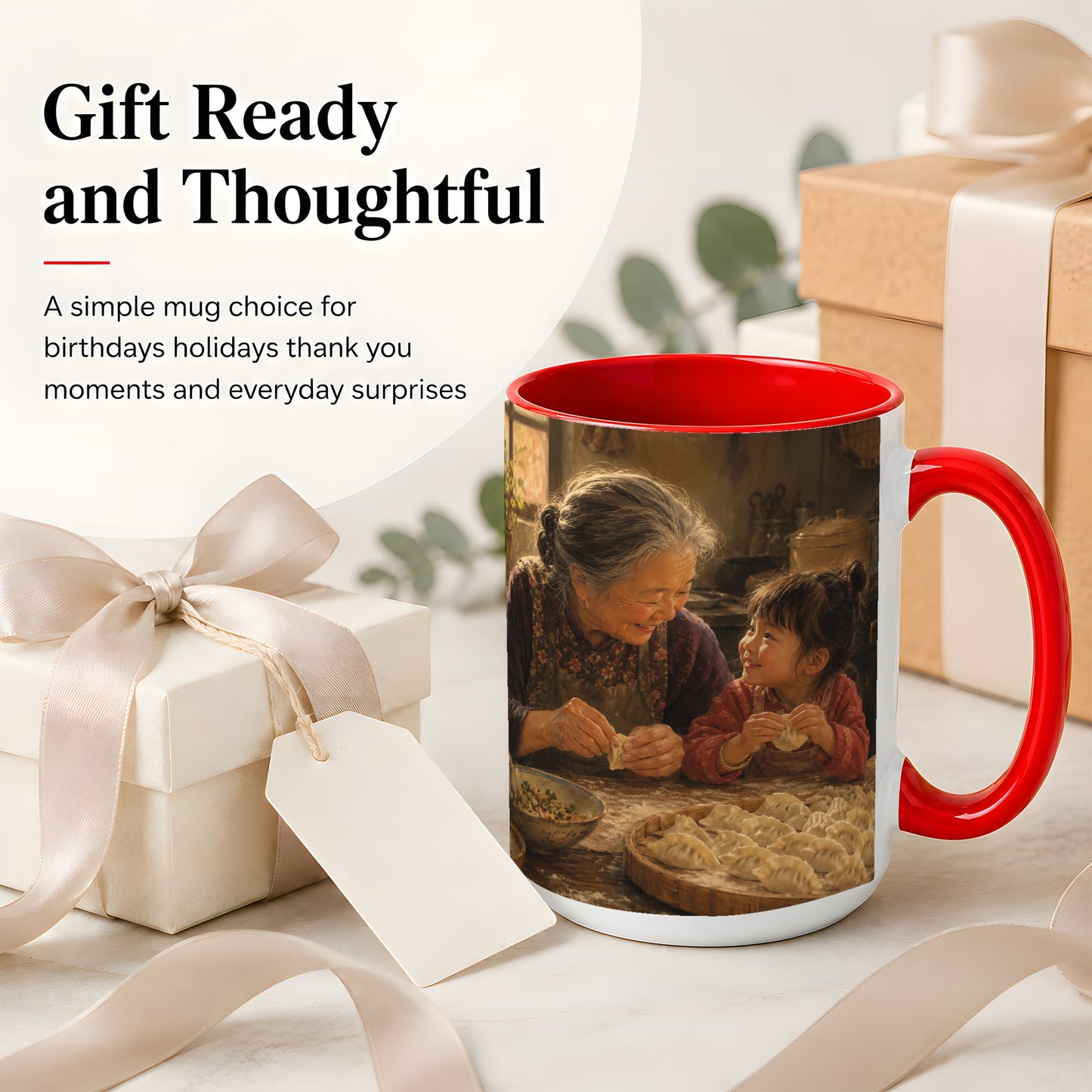 #pl[15oz|Red] Family Dumpling Making Ceramic Mug, Grandma and Child Art