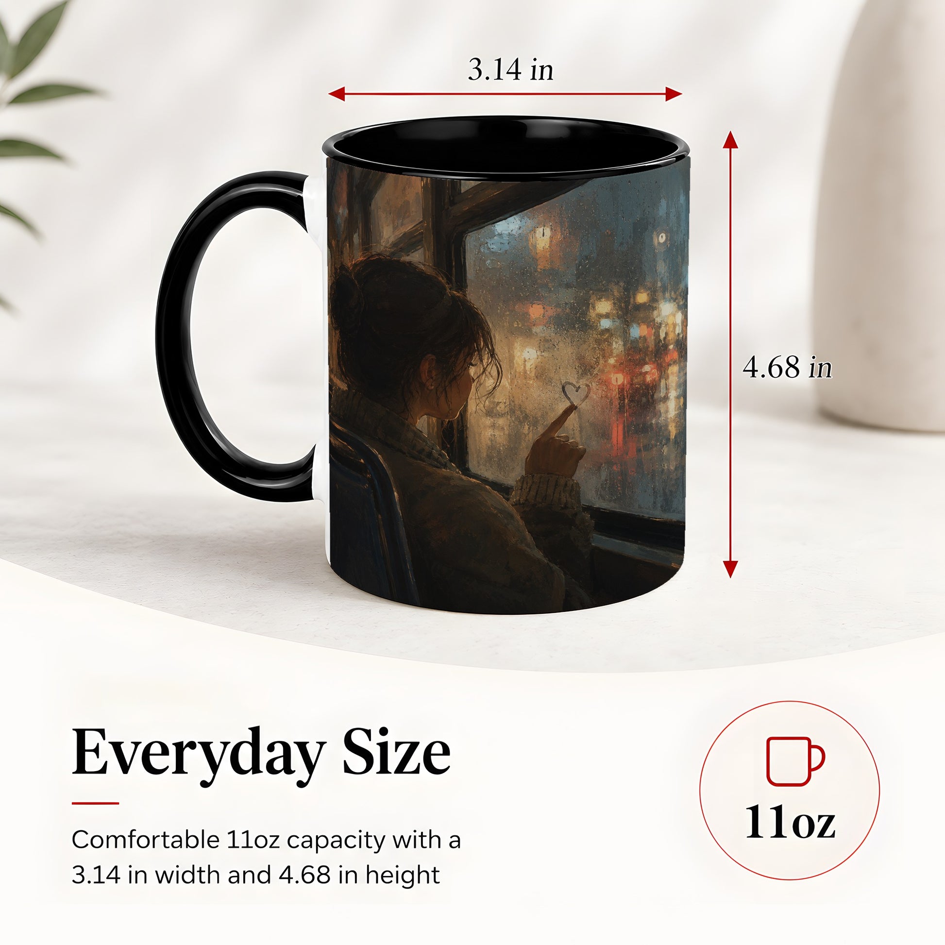 #pl[11oz|Black] Rainy Window Heart Ceramic Mug, Rainy Night City Art