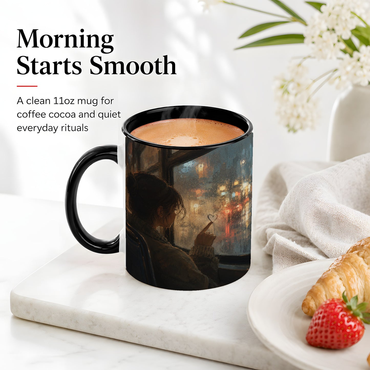 #pl[11oz|Black] Rainy Window Heart Ceramic Mug, Rainy Night City Art