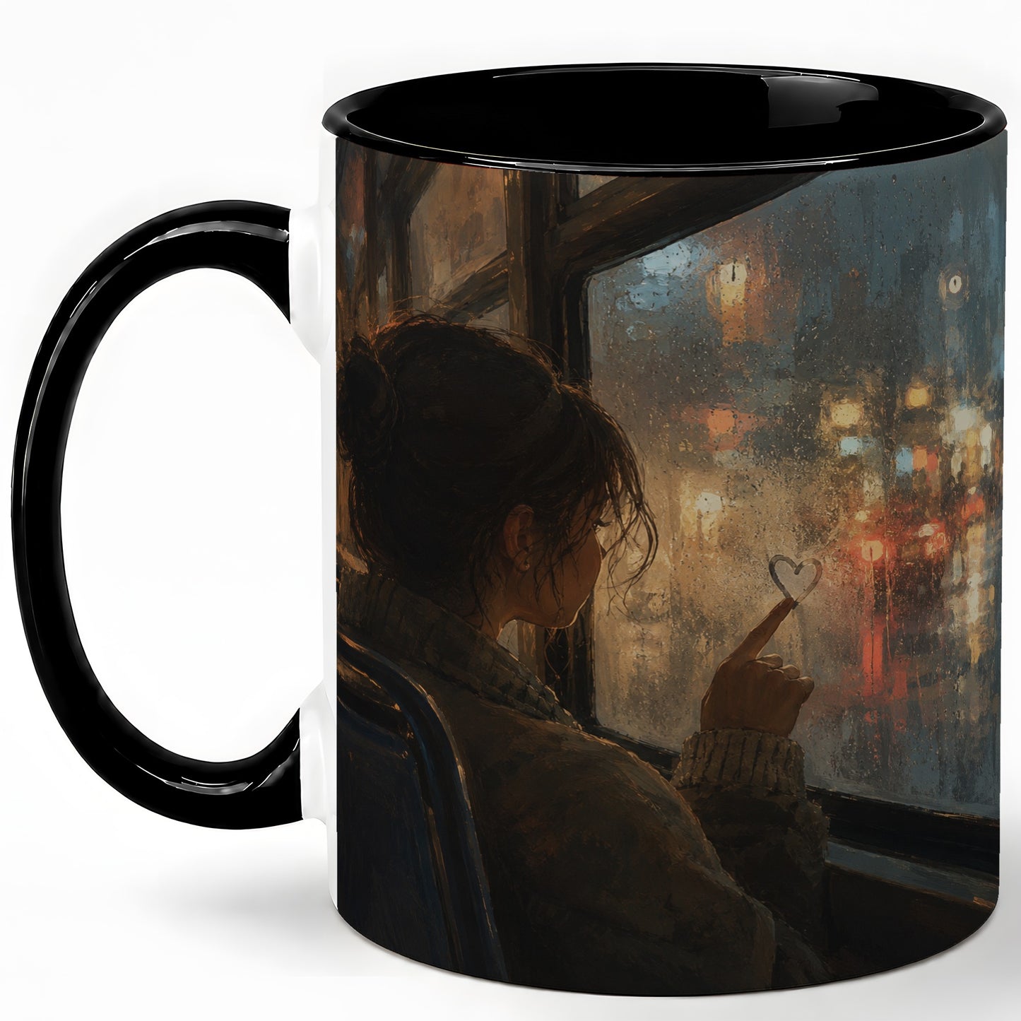 #pl[11oz|Black] Rainy Window Heart Ceramic Mug, Rainy Night City Art