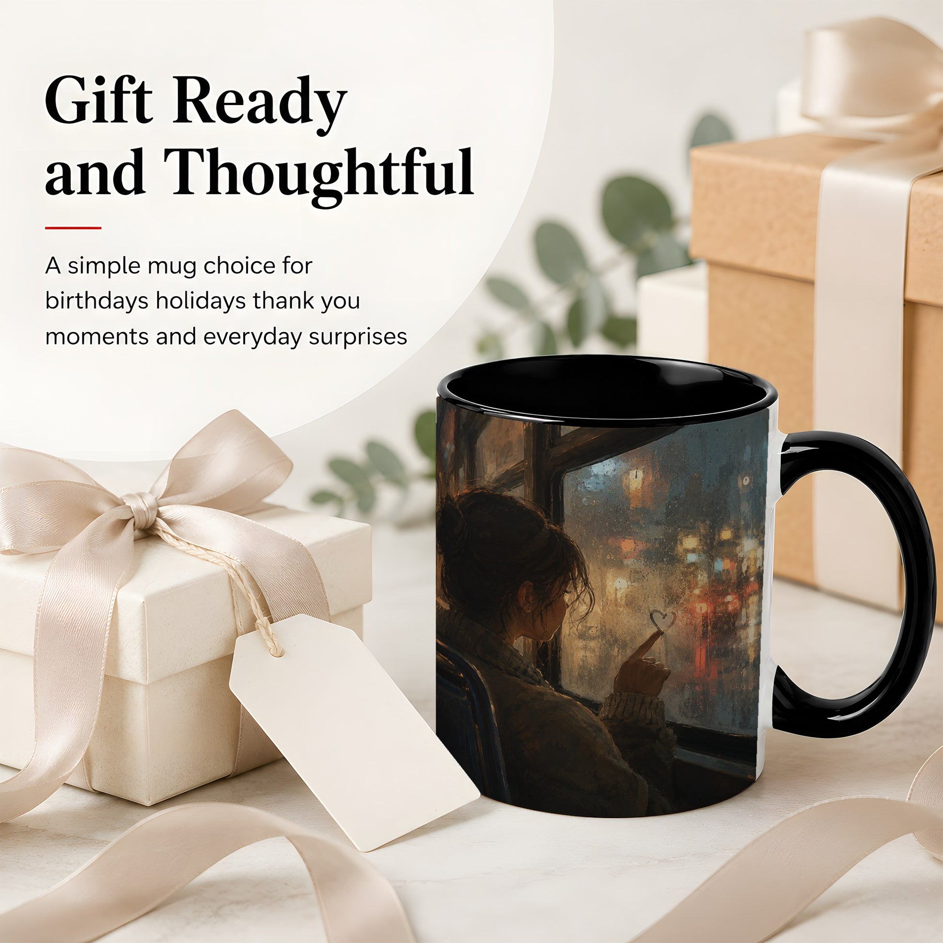 #pl[11oz|Black] Rainy Window Heart Ceramic Mug, Rainy Night City Art