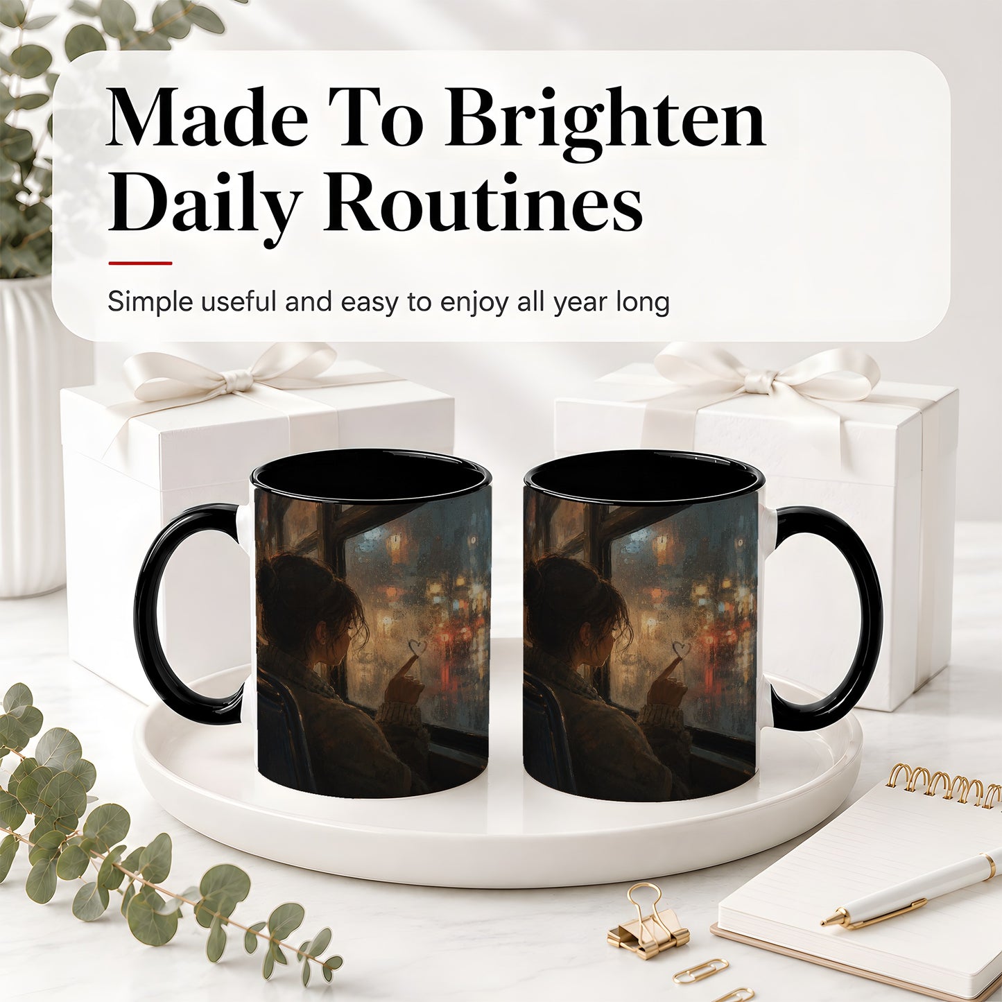 #pl[11oz|Black] Rainy Window Heart Ceramic Mug, Rainy Night City Art