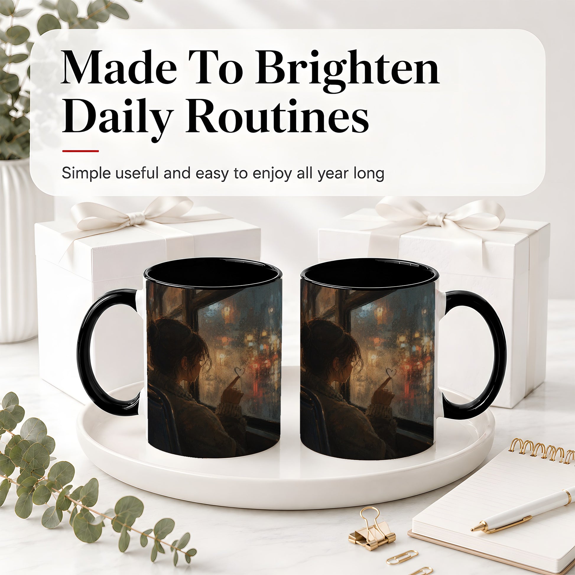 #pl[11oz|Black] Rainy Window Heart Ceramic Mug, Rainy Night City Art