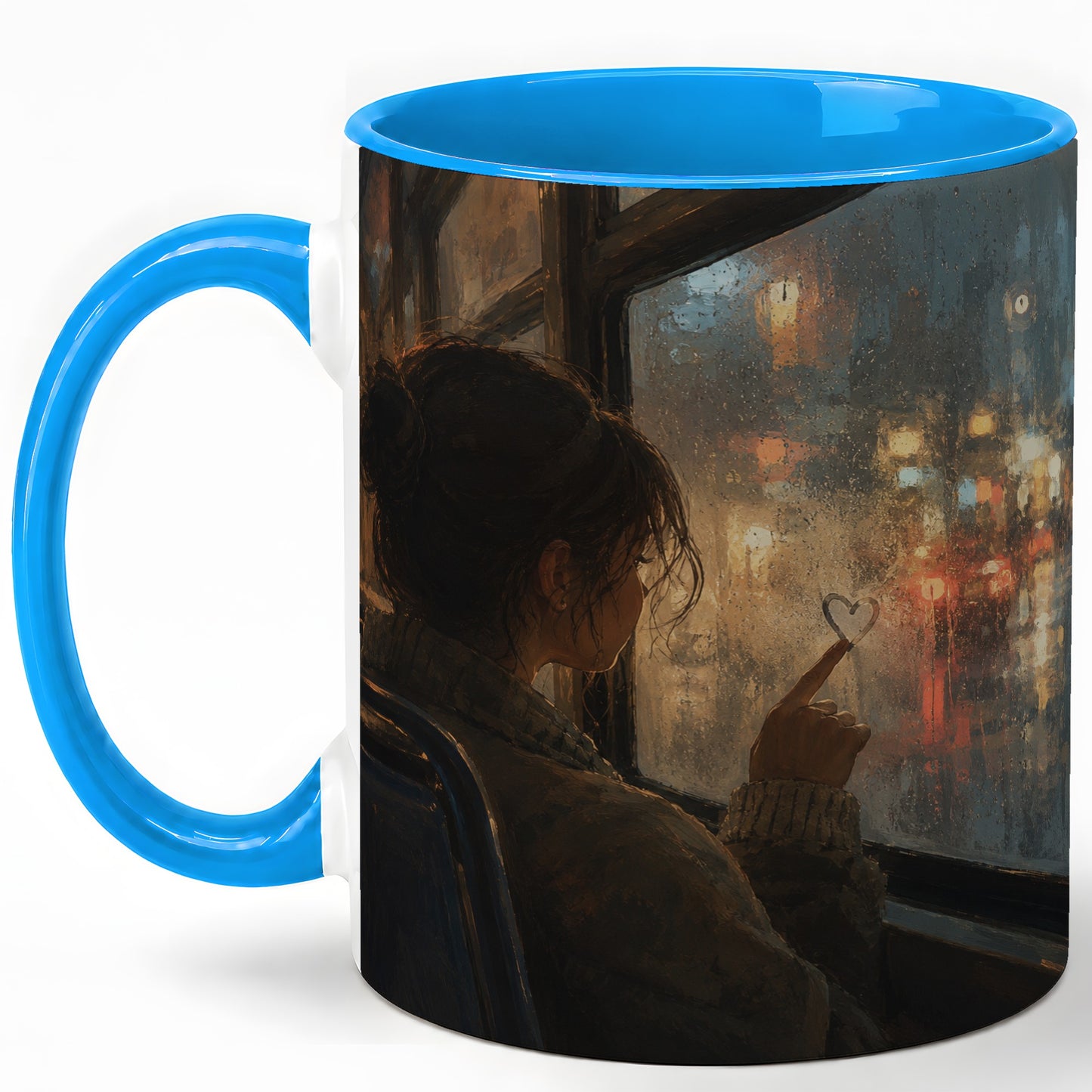 #pl[11oz|Blue] Rainy Window Heart Ceramic Mug, Rainy Night City Art