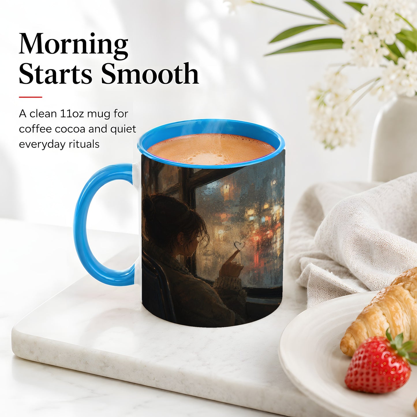 #pl[11oz|Blue] Rainy Window Heart Ceramic Mug, Rainy Night City Art