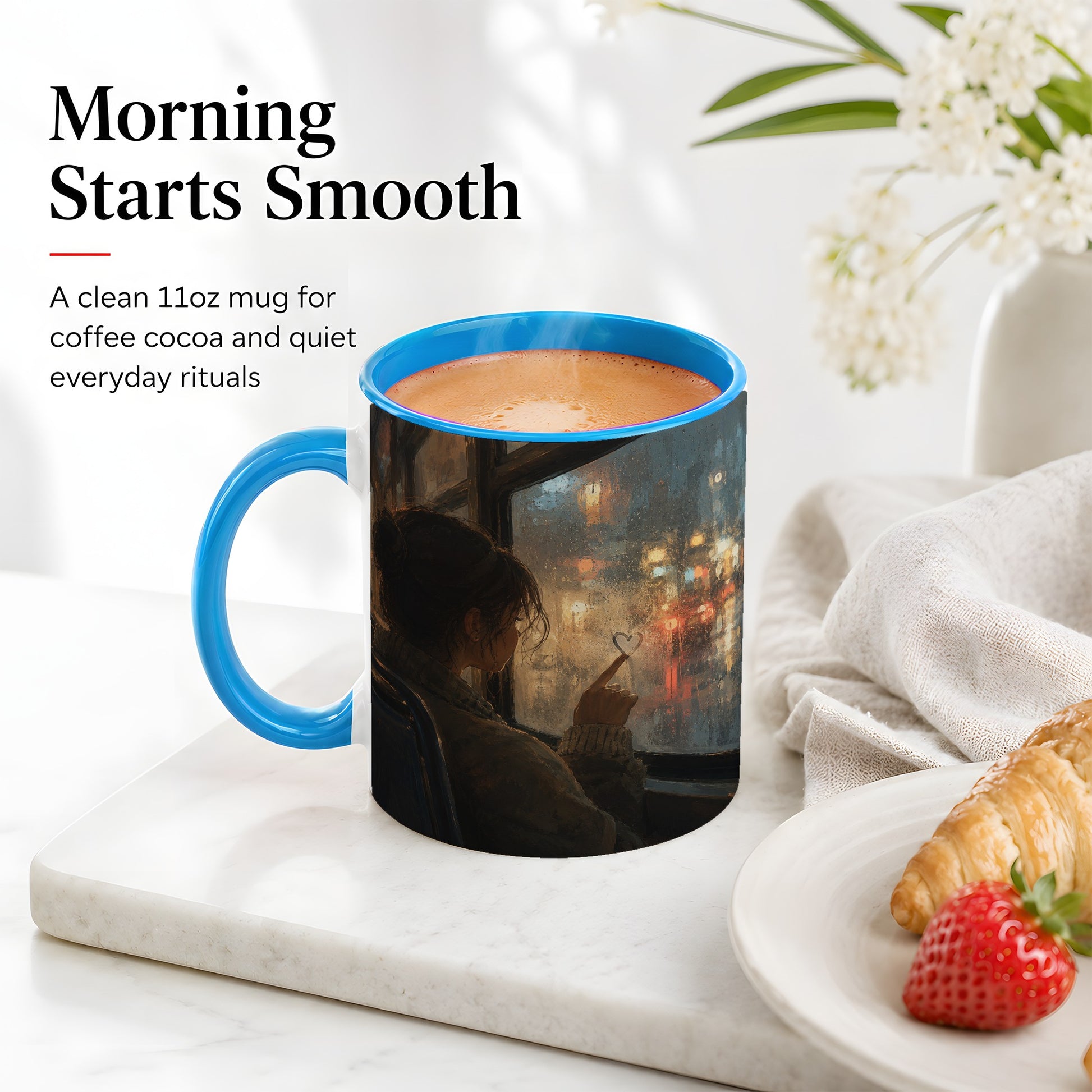 #pl[11oz|Blue] Rainy Window Heart Ceramic Mug, Rainy Night City Art