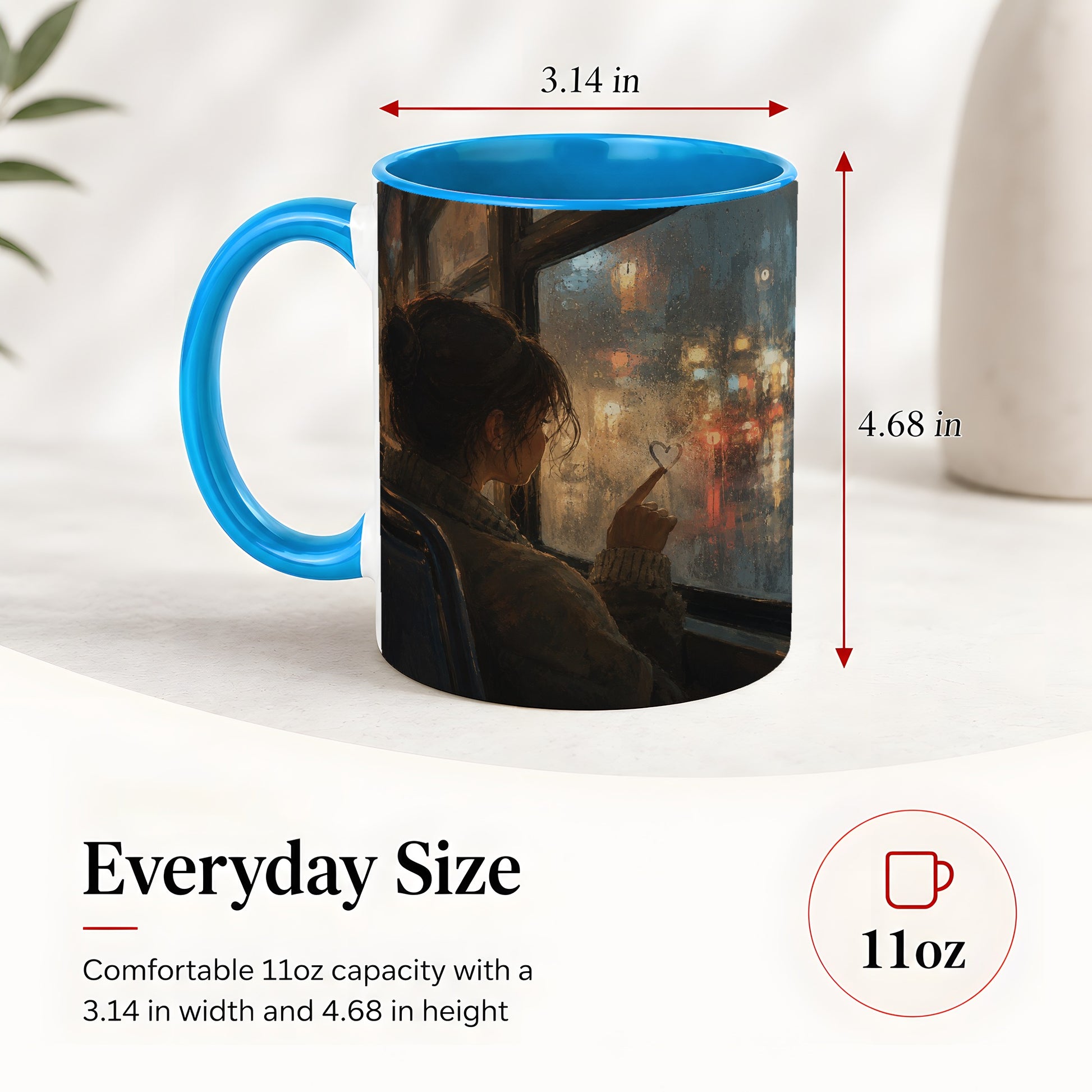 #pl[11oz|Blue] Rainy Window Heart Ceramic Mug, Rainy Night City Art