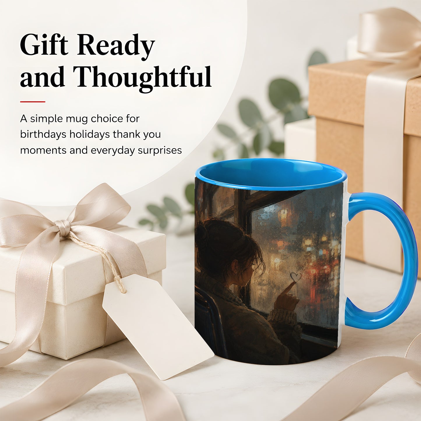 #pl[11oz|Blue] Rainy Window Heart Ceramic Mug, Rainy Night City Art