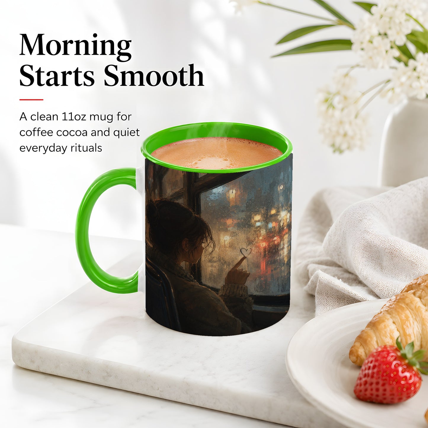 #pl[11oz|Green] Rainy Window Heart Ceramic Mug, Rainy Night City Art