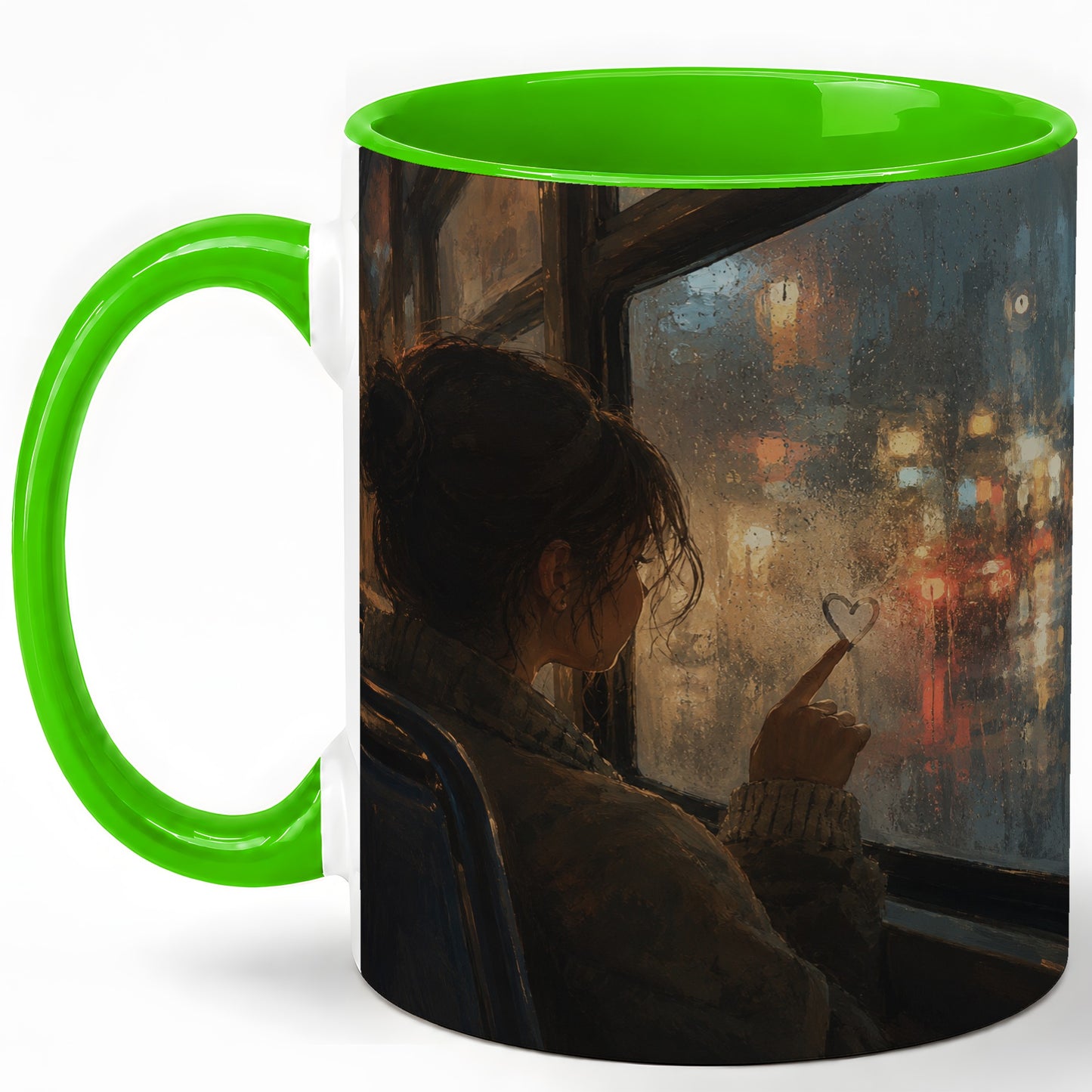 #pl[11oz|Green] Rainy Window Heart Ceramic Mug, Rainy Night City Art